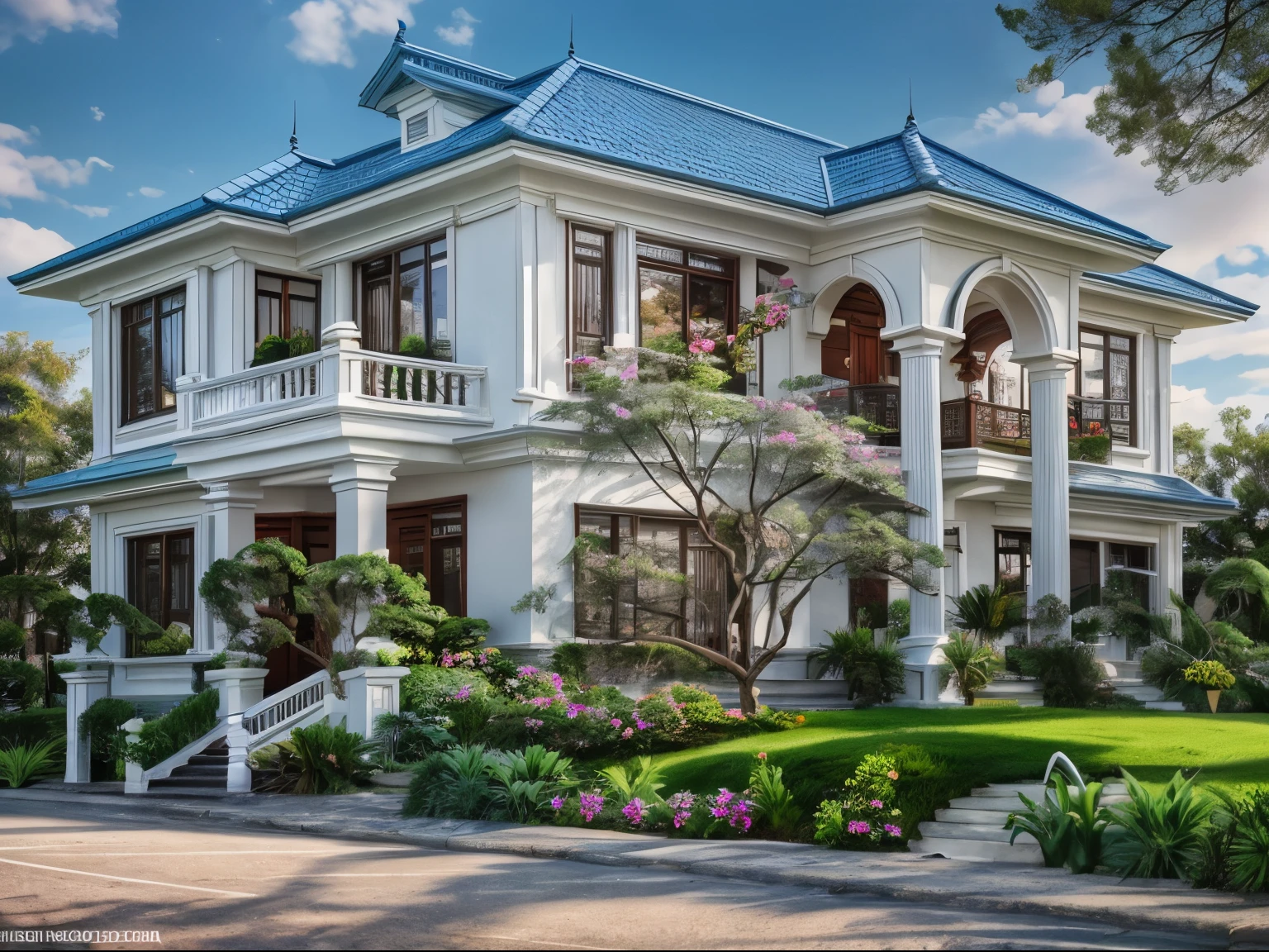 Masterpiece, high quality, best quality, authentic, (cars1.2), super detail, outdoors,  house style indochine on the street , white wall , road, pavement, grass, trees, sky, cloud, 8k uhd, ultra masterpiece, (daylight1.5)authentic, dslr, soft lighting, high quality, realistic photography, film grain, Fujifilm XT