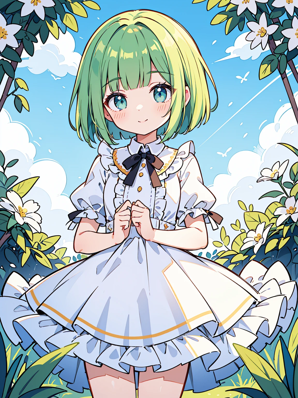 High quality, Ultra detailed, best quality, insanely detailed, masterpiece, beautiful illustrations, highest quality, pretty girl, ((very cute)), ((lovely)), ((sweet)), 1girl, standing, pastel colour, white frilled dress, blunt bangs, (Spring Green bob cut), bright lighting, sky-blue eyes, soft smile, looking at viewer