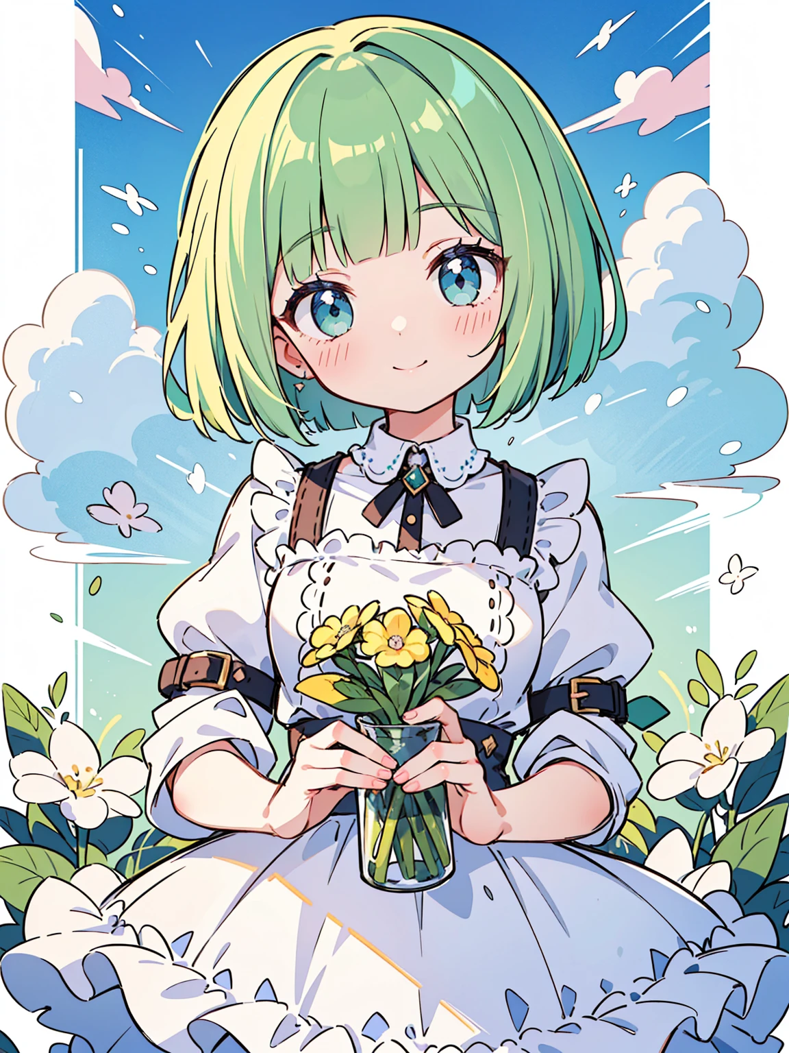 High quality, Ultra detailed, best quality, insanely detailed, masterpiece, beautiful illustrations, highest quality, pretty girl, ((very cute)), ((lovely)), ((sweet)), 1girl, standing, pastel colour, white frilled dress, blunt bangs, (Spring Green bob cut), bright lighting, sky-blue eyes, soft smile, looking at viewer