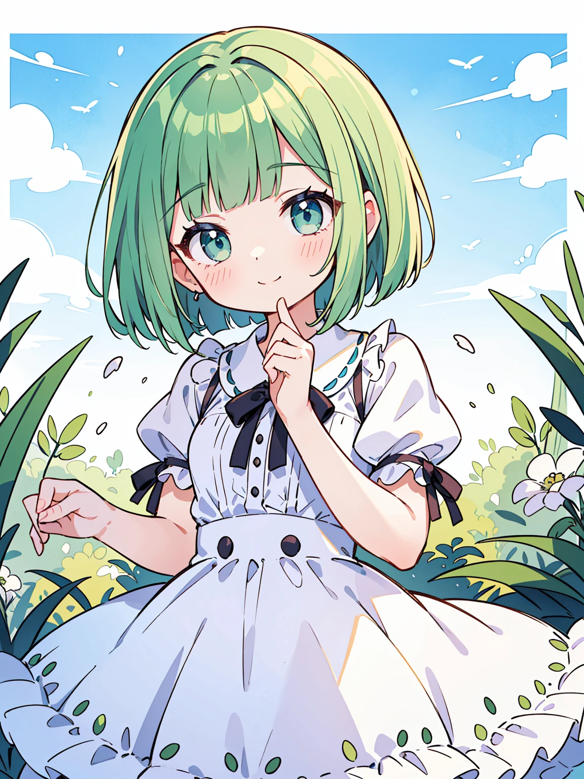 High quality, Ultra detailed, best quality, insanely detailed, masterpiece, beautiful illustrations, highest quality, pretty girl, ((very cute)), ((lovely)), ((sweet)), 1girl, standing, pastel colour, white frilled dress, blunt bangs, (Spring Green bob cut), bright lighting, sky-blue eyes, soft smile, looking at viewer
