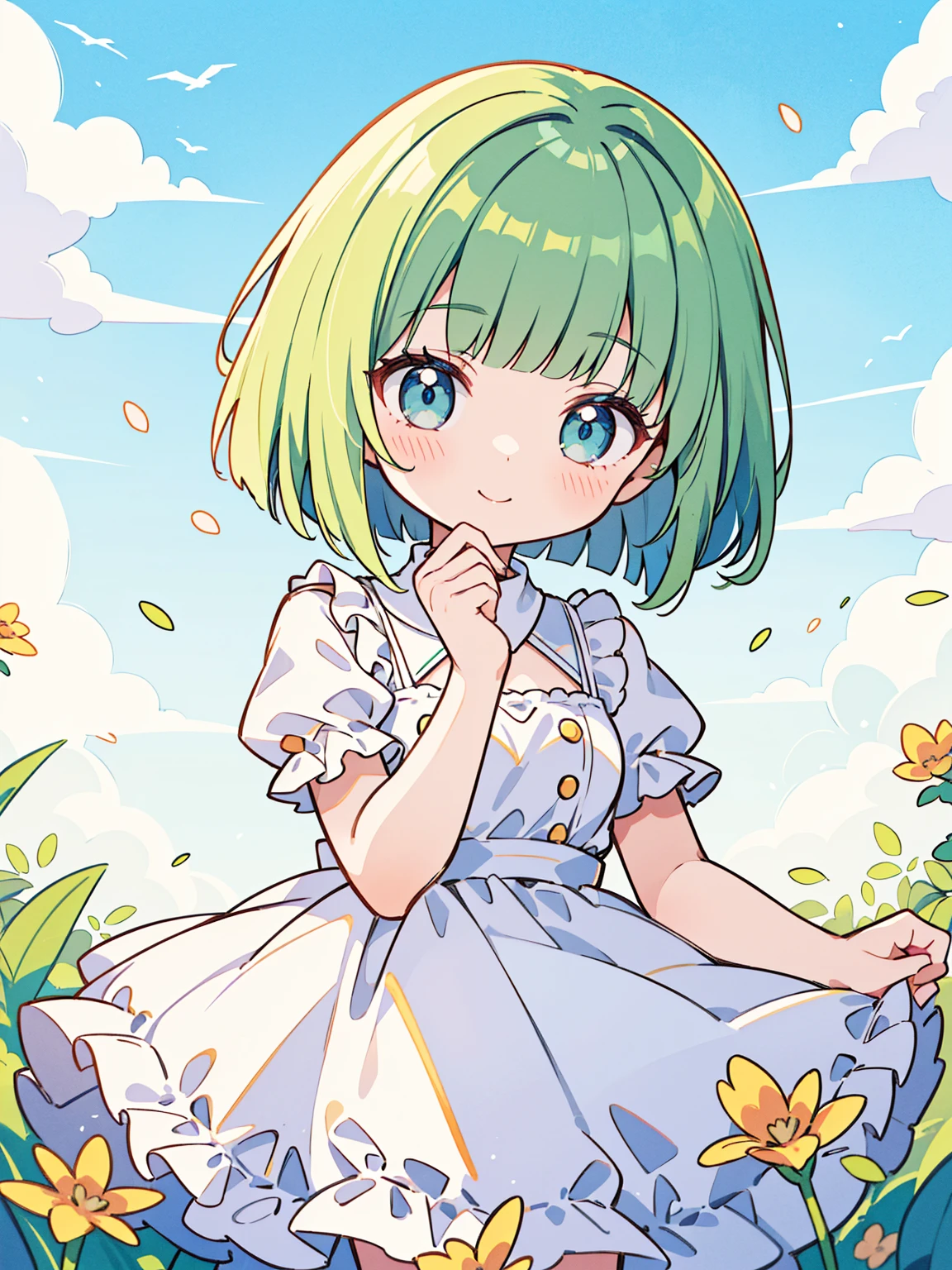 High quality, Ultra detailed, best quality, insanely detailed, masterpiece, beautiful illustrations, highest quality, pretty girl, ((very cute)), ((lovely)), ((sweet)), 1girl, standing, pastel colour, white frilled dress, blunt bangs, (Spring Green bob cut), bright lighting, sky-blue eyes, soft smile, looking at viewer