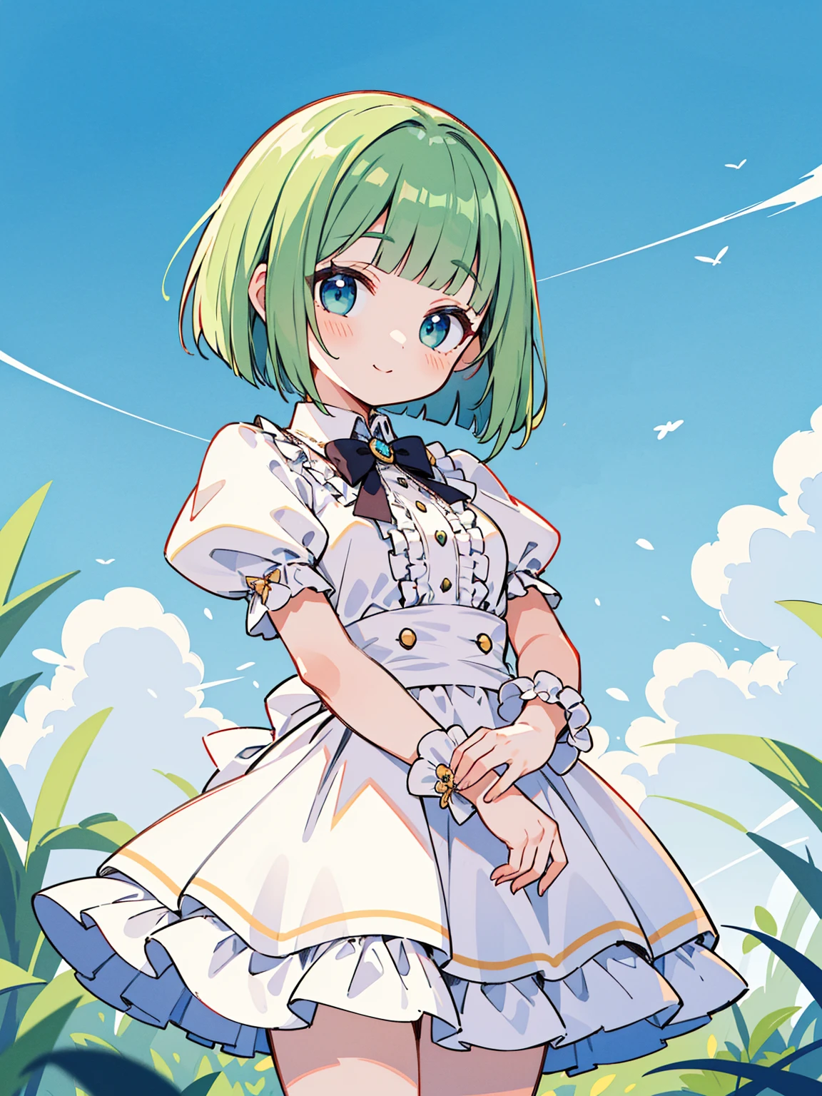 High quality, Ultra detailed, best quality, insanely detailed, masterpiece, beautiful illustrations, highest quality, pretty girl, ((very cute)), ((lovely)), ((sweet)), 1girl, standing, pastel colour, white frilled dress, blunt bangs, (Spring Green bob cut), bright lighting, sky-blue eyes, soft smile, looking at viewer