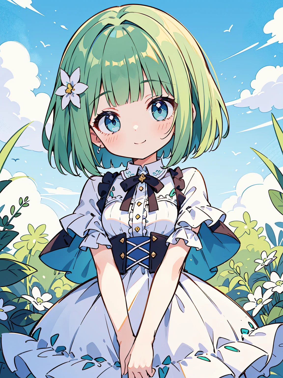 High quality, Ultra detailed, best quality, insanely detailed, masterpiece, beautiful illustrations, highest quality, pretty girl, ((very cute)), ((lovely)), ((sweet)), 1girl, standing, pastel colour, white frilled dress, blunt bangs, (Spring Green bob cut), bright lighting, sky-blue eyes, soft smile, looking at viewer