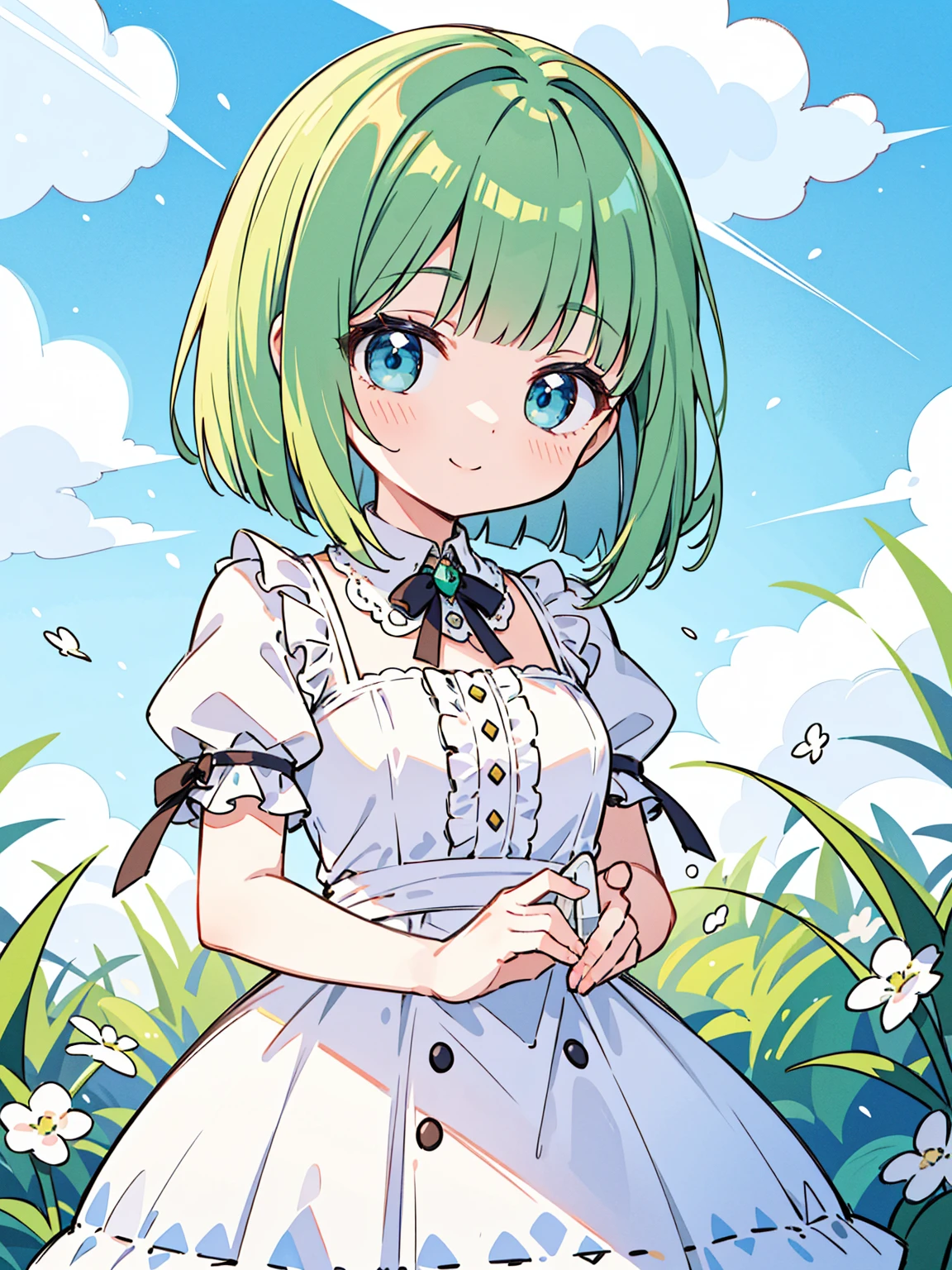 High quality, Ultra detailed, best quality, insanely detailed, masterpiece, beautiful illustrations, highest quality, pretty girl, ((very cute)), ((lovely)), ((sweet)), 1girl, standing, pastel colour, white frilled dress, blunt bangs, (Spring Green bob cut), bright lighting, sky-blue eyes, soft smile, looking at viewer