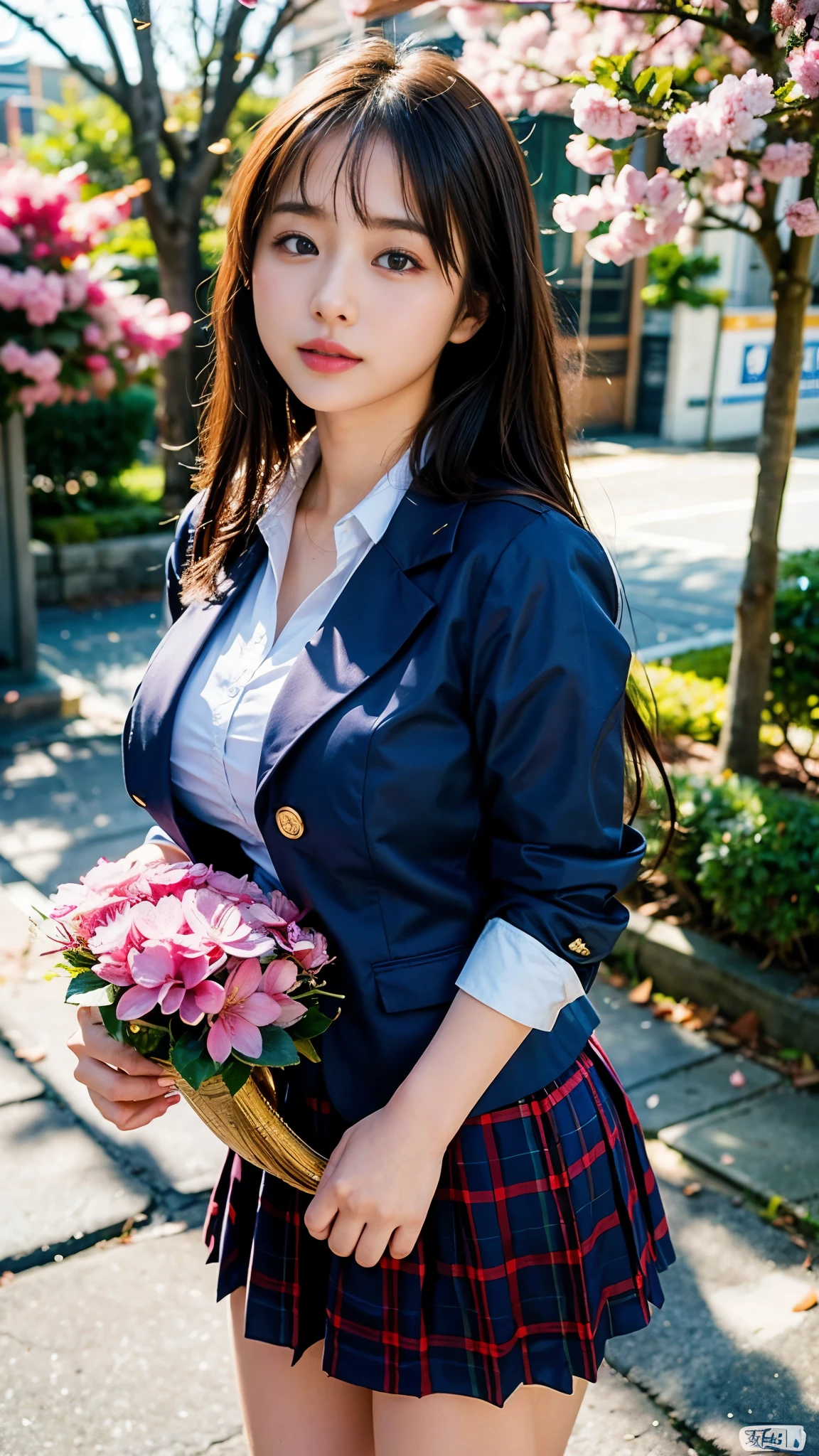 graduation ceremony、high school girl、uniform 、navy blue blazer、Cherry tree in full bloom、Cherry blossom confetti、perfect proportions、cute、(big breasts:1.2)、((18 year old female:1.2))、young adorable japanese face，official art，Highly detailed CG Unity 8K wallpaper，（masterpiece:1.0),(highest quality:1.0), 超A high resolution,4k,Super detailed, photo shoot, 8K, nffsw, High resolution, kodak portrait 400, film grain, lens flare glow,高いest quality,8K,nffsw:1.2),portrait shot,8K、View viewer