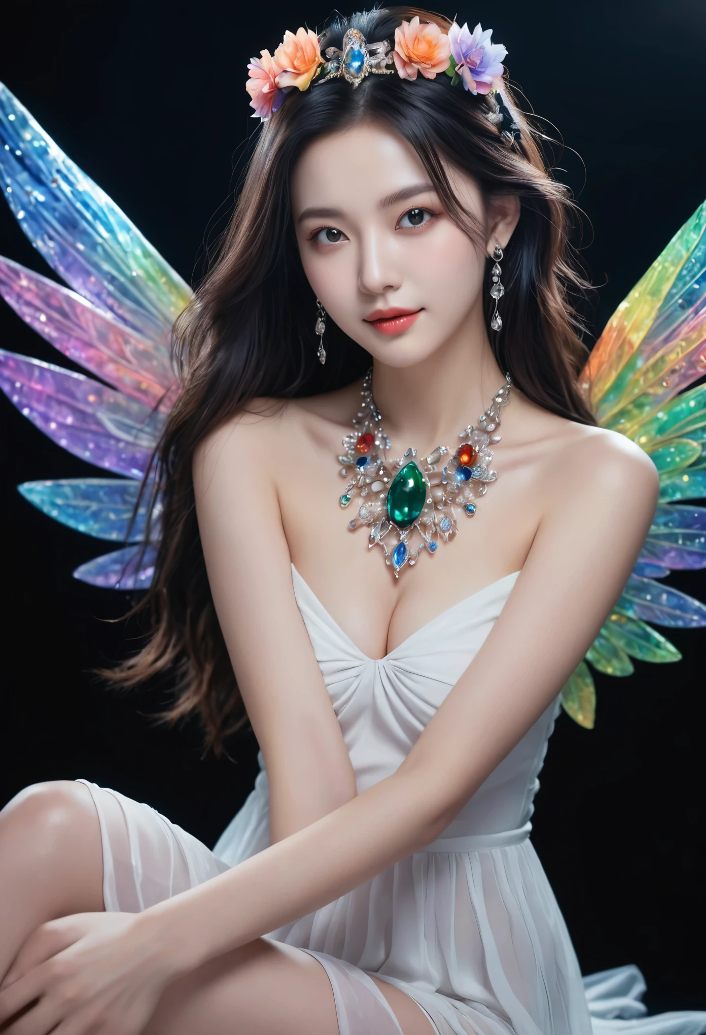(1girl:1.2),Chinese girls,stars in the eyes,(Short skirt:1.4),(1girl:1.3),Masterpiece,high quality,1girl,extreme detailed,(fractal art:1.3),colorful,highest detailed,(chiffon, body painting:1.2),8k,digital art,macro photo,quantum dots,sharp focus,dark shot,cinematic,Microworld,thigh,(upper thighs shot:1.2),front view,(pure girl:1.1),(white dress:1.1),(full body:0.6),There are many scattered luminous petals,bubble,contour deepening,(white_background:1.1),cinematic angle,underwater,adhesion,green long upper shan,21yo girl,jewelry,earrings,lips,makeup,portrait,eyeshadow,realistic,nose,{{best quality}},{{masterpiece}},{{ultra-detailed}},{illustration},{detailed light},{an extremely delicate and beautiful},a girl,{beautiful detailed eyes},stars in the eyes,messy floating hair,colored inner hair,Starry sky adorns hair,depth of field,large breasts,cleavage,blurry,no humans,traditional media,gem,crystal,still life,Dance,movements,All the Colours of the Rainbow,halo,cable,realistic,smile,nail polish,lips,sitting,very long hair,flower,zj,simple background,shiny,blurry,no humans,depth of field,black background,gem,crystal,realistic,red gemstone,still life,wings,jewels 1girl,Fairyland Collection Dark Fairy Witch Spirit Forest with Magic Ball On Crystal Stone Figurine,hand,thighhighs,jewels,