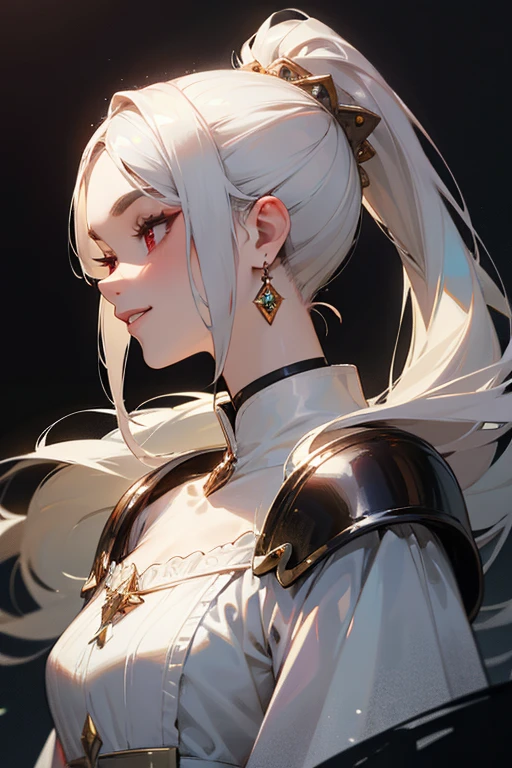 (highest quality, masterpiece:1.2), High resolution, Super detailed, realistic:1.37, fantasy, An illustration,gray hair、 red eyes、Queen, white dress.platinum decoration、beautifully、Eyeshadow Red、dark eyebrows、long eyelashes、pupils are black、shiny on the lips、upper site、Queen、Princess、ponytail、gentle smile、Show your teeth a little and smile、soft expression、profile、