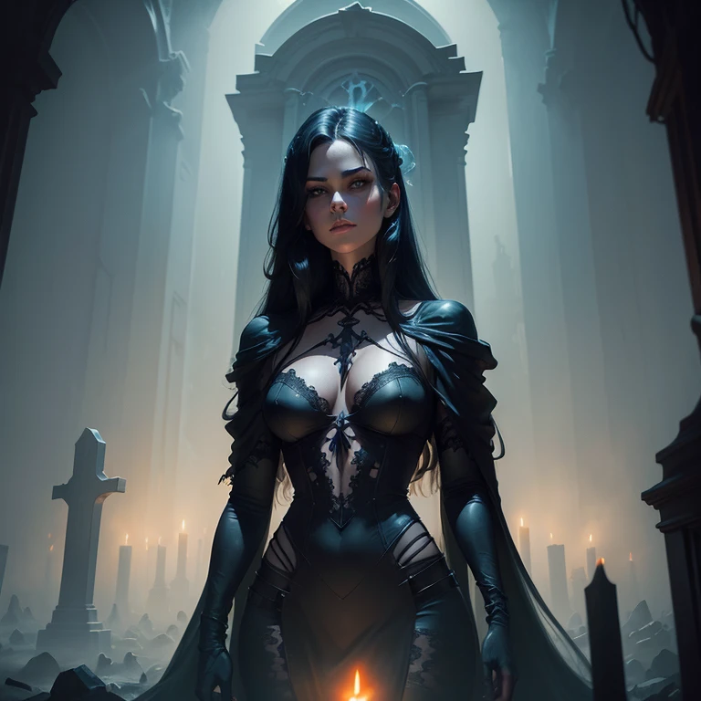 Dark cemetery、Silversmith Nun、ighly detailed、The female body with attention to detail、Beautiful skins、Clear skin、Well-proportioned body、Soft breasts、Shiny body、Dark cemetery、Spotlights illuminating the nuns、cinematlic lighting、highcontrast、masterpiece、top-quality、Top image quality