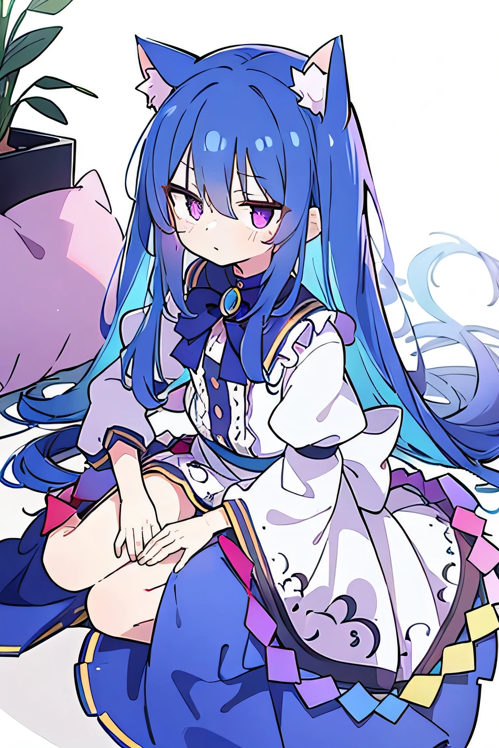 (Masterpiece), best quality, expressive eyes, perfect face, 1girl,
 Put your hands on your waist, fair, gorgeous, Japanese comics, girl, Lola, young angel, blue hair, blue hair, flowing clothes, hug the waist, hug the waist, hands on hips, hands on hips, lay down , lying on the ground, legs on the ground, flat chest, cat ears