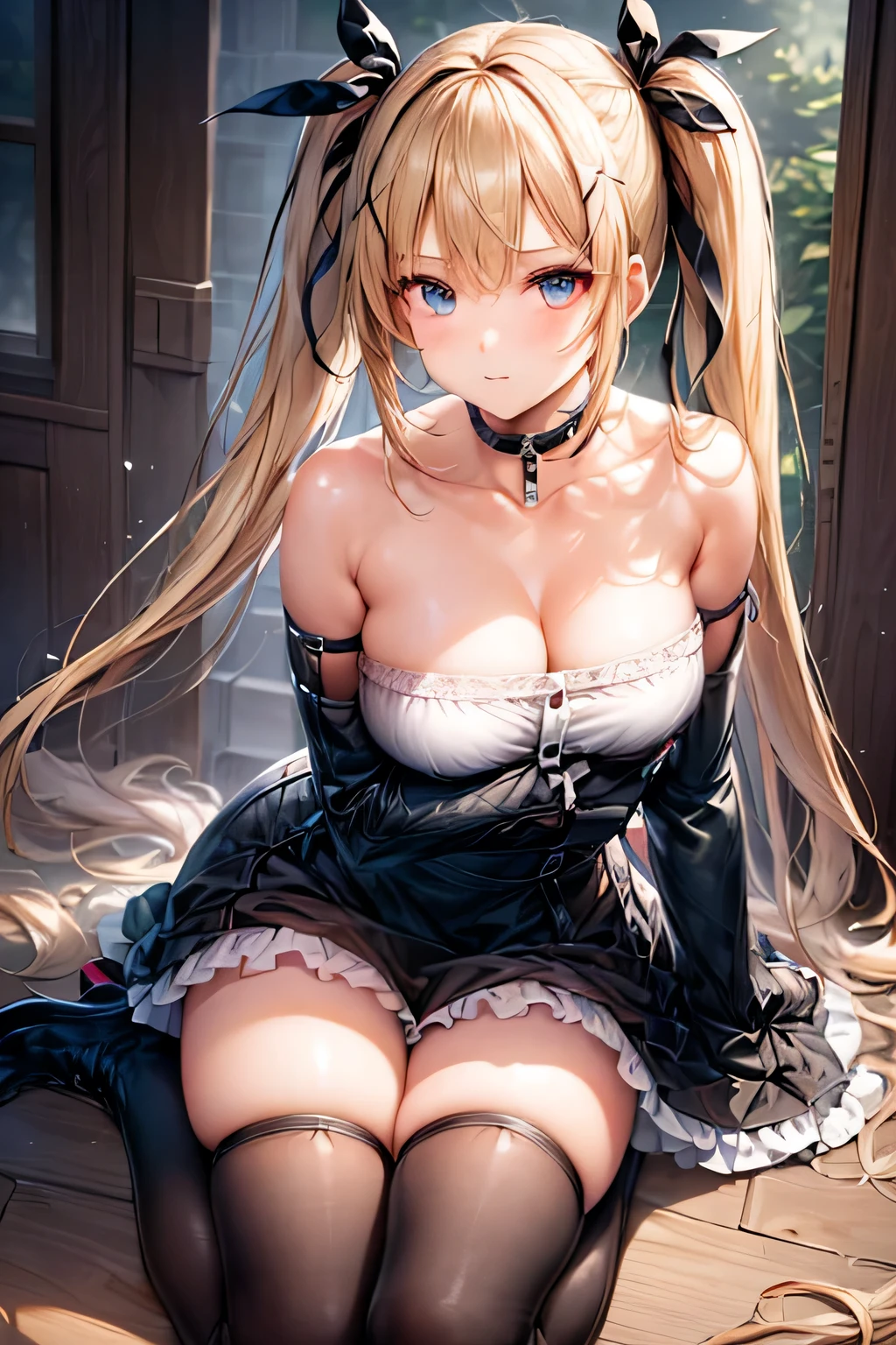 (masterpiece:1.2), best quality, high resolution, unity 8k wallpaper, (illustration:0.8), (beautiful detailed face:1.2, beautiful detailed eyes:1.2), perfect lighting, extremely detailed CG, (perfect hands, perfect anatomy), 

Cute, beautiful, charming lady, shiny hair, lustrous skin, 
milf, married woman, soft With a gentle appearance and a gentle mother-like atmosphere,

marie_a, blonde hair, twintails, long hair, blue eyes, x hair ornament, hair ribbon, choker, harness, black skirt, black dress, detached sleeves, black sleeves, platform boots,