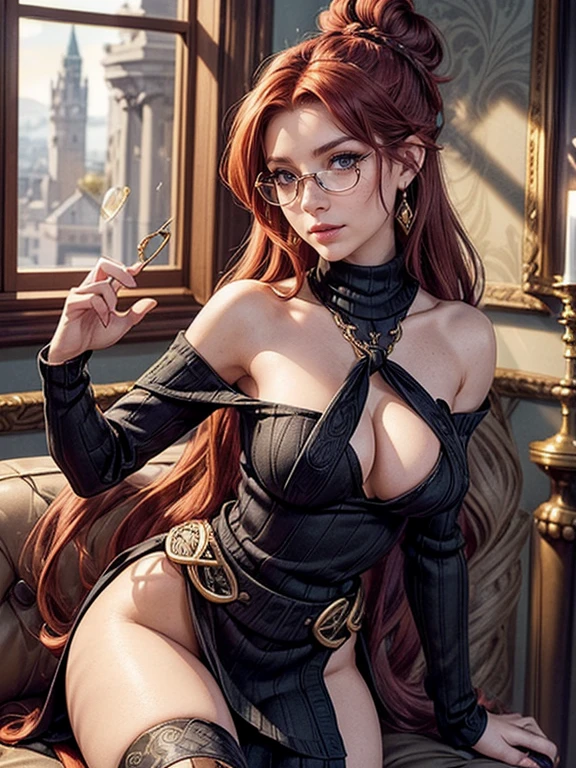 (huge Laughing:0.5), (open mouth:0.4), (wide open eyes:1.2) masterpiece, high quality,4k , award winning photography, good composition of framing, dynamic pose and cinematography, goth emo punk scene barbarian witch, dramatic makeup of a queen, (((thin round glasses))), dynamic , prominent freckles all over face and body, absolute babe, (((very long messy wavy red hair flowing down her body down her back and front to her hips, many intricate knots around head Celtic style, messy bun, her hair has little ties on it))) , many Viking and Celtic Tattoos on body and arms and face abd shoulders, beautiful shoulders and collarbone, jaw structure of someone who works out, (((wearing black and regal patterned gold trim wide neck off-shoulder wool knit sweater-dress with bare shoulders worthy of a queen))), stiletto boots that go high up her legs, green eyes, in a fancy quarters of a fantasy cozy palace living room, fancy sofa, cathedral like space, big window, fantasy setting, night time on a autumn day, golden hour, ((extremely detailed face, mature intelligent gorgeous face)), candles, stockings, wide hips , expression of absolute love and adoration, a lot of jewelry, pretty eye makeup, gorgeous lips , a Viking princess, regal personality, oil painting style, big beautiful eyes looking intelligent looking at camera, mature face,