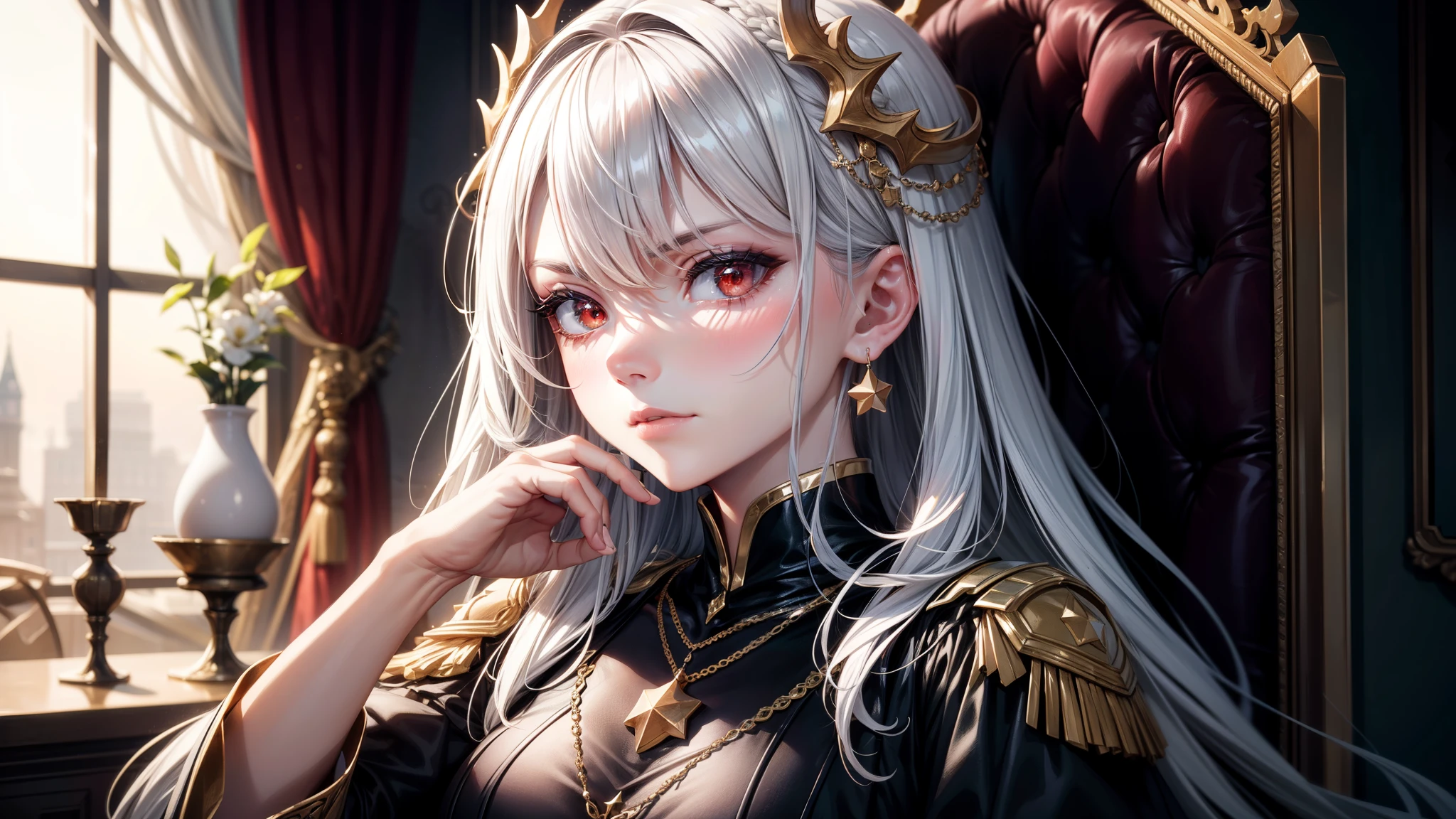 Superb Quality, Masterpiece, High Resolution, 1Girl sitting on a throne, [Red eyes], [White hair], Blush, (Seductive Smile: 0.8), Star Pupil, Hair Accessories, Necklace, Jewelry, Beauty, on_body, Tyndall Effect, Realism, Black throne, , Light Edge, Two-tone Lighting, (High Detail Skin: 1.2), 8K UHD, DSLR, Soft Light, High Quality, Volume Lighting, Candid Photo, High Resolution, 4K, 8K, Background Bokeh, serious expression, villain pose, shiny hair, normal hands, normal fingers