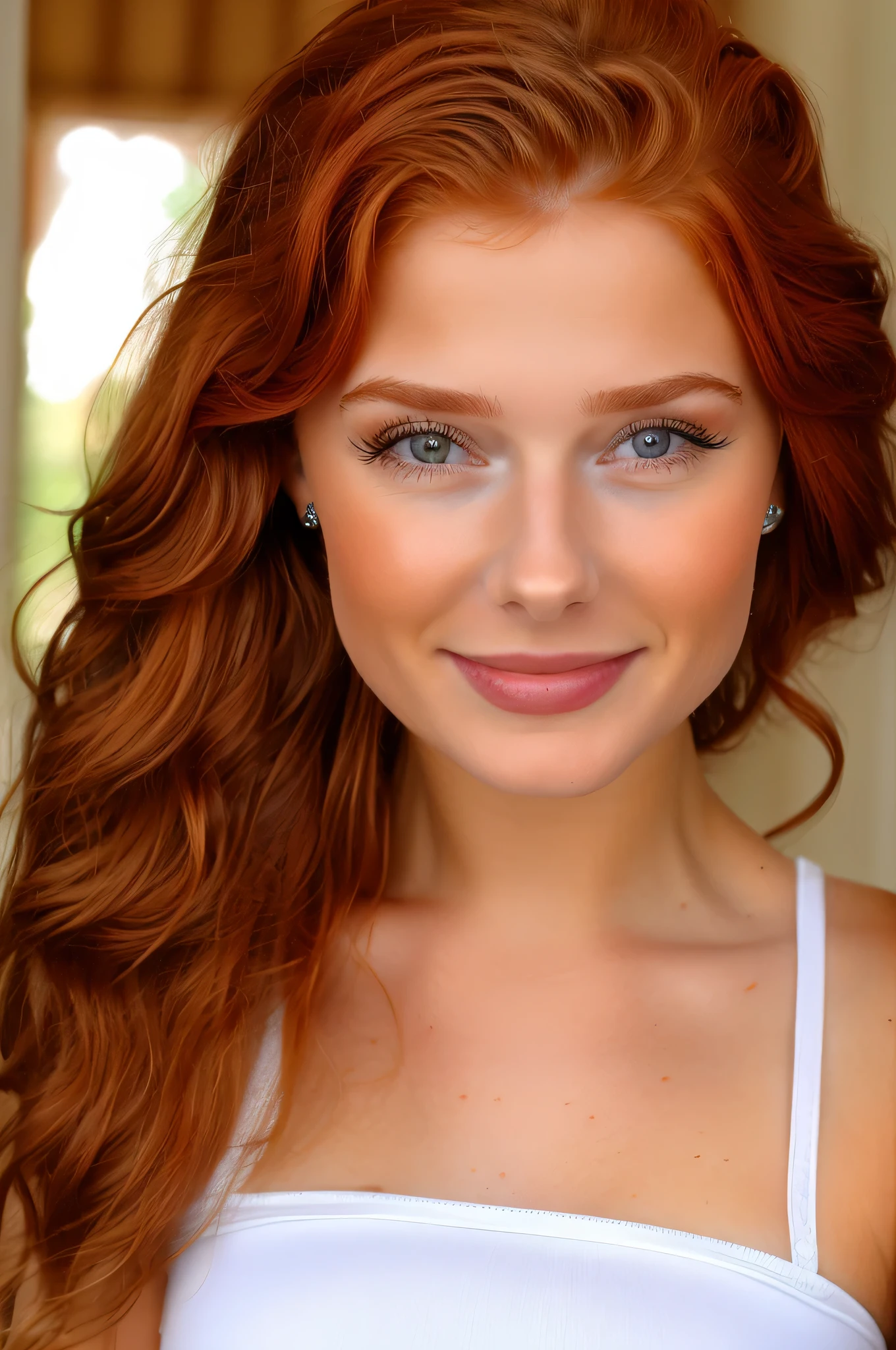 Faceportrait, (sweet redhead 22 year old Lisanne), ((sexy Blick)), (((kupferrote wellige Haarfarbe))), sweet little nose, slight dimples, (graue Augenfarbe), normal sized eyes, perfekt runde Pupillen, normal sized lips, kleines Kinn, erkennbare Hauttextur, reine Haut, dunkelblonde Augenbrauen, leicht abstehende Ohren, kleine Ohren, schlanker kleiner Hals, white tank top