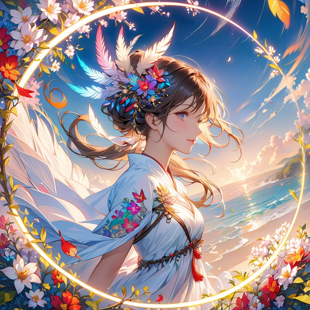 masterpiece,Highest quality,Highest quality,Official Art,beautifully、aesthetic,(One girl:1.2),Very detailed,(Fractal Art:1.1),colorful,Flowers,Most detailed,Tangled,Abstract background,Glowing Skin,Many colors,feather,、Completely ?????、Nipples are visible
