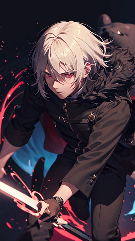 (detailed background,dark fantasy), (beautiful detailed face), high contrast, (best illumination, an extremely delicate and beautiful), ((cinematic light)), colorful, hyper detail, dramatic light, intricate details, (1 man, solo,white hair, sharp face,right red eyes, left purple eyes, hair between eyes,dynamic angle), swirling black light around the character, depth of field,black light particle,a man, 18 years old dating from the Middle Ages between 1400, wearing a brown shirt, then covered in a coat made of bear skin and bear fur and gray, wearing black musket pants, wearing boots, pulling a sword from his sword sheath.