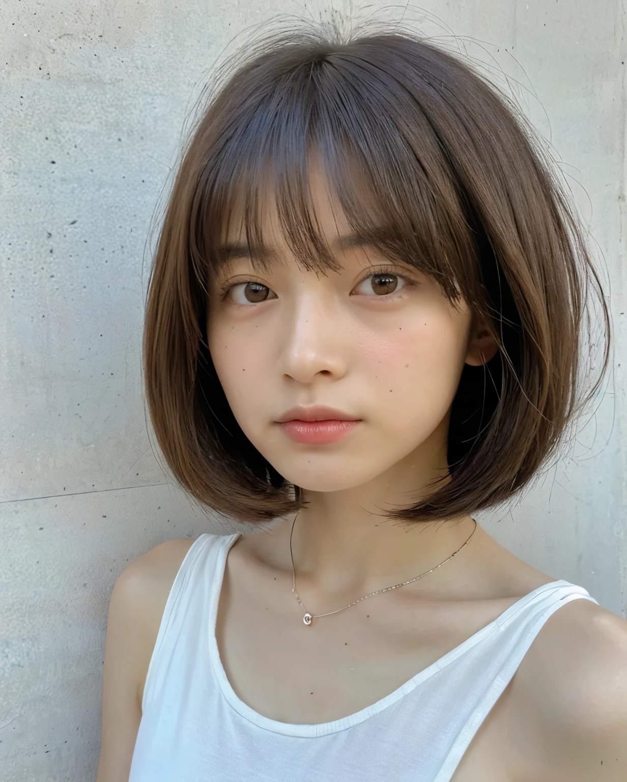 (very realistic photo, concentrated、High resolution, detailed face, detailed hair,fine eyes), ((Taken in front of a white wall))、japanese woman, 20-year-old, various expressions, Upper body、alone:1, slim body shape, various hairstyles,((Wearing a white blouse))、Only one person is in the photo、simple necklace、(bob cut hair、bob hair)