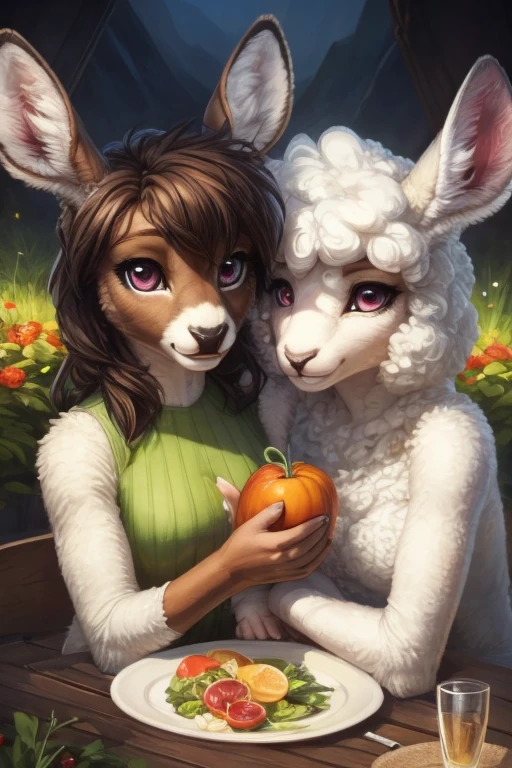 Duo, beautifu furry art, couple of females,anthros, one female sheep, one female deer, sits next to a table while offering vegetables, slim, sensual, pink eyes, cute, breathtaking, masterpiece, high details and quality portrait, (by pixelsketcher f-r95), black pupils, white sclera, white sheep's wool,brown deer's fur