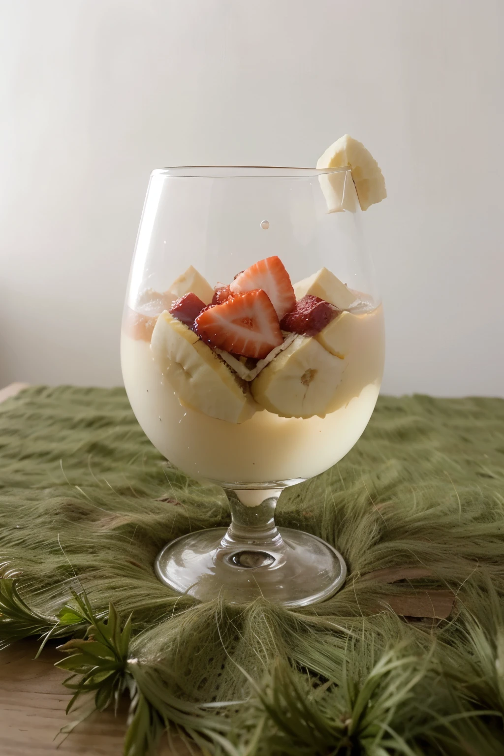 The glass filled will be Coconut slice, Strawberry slice, Banana slice. Please put Coconut slice lower part of the glass and then put strawberry slice meddle of the grass and then put banana slice top of the glass. I no need background or light. please create white background with the glass. 