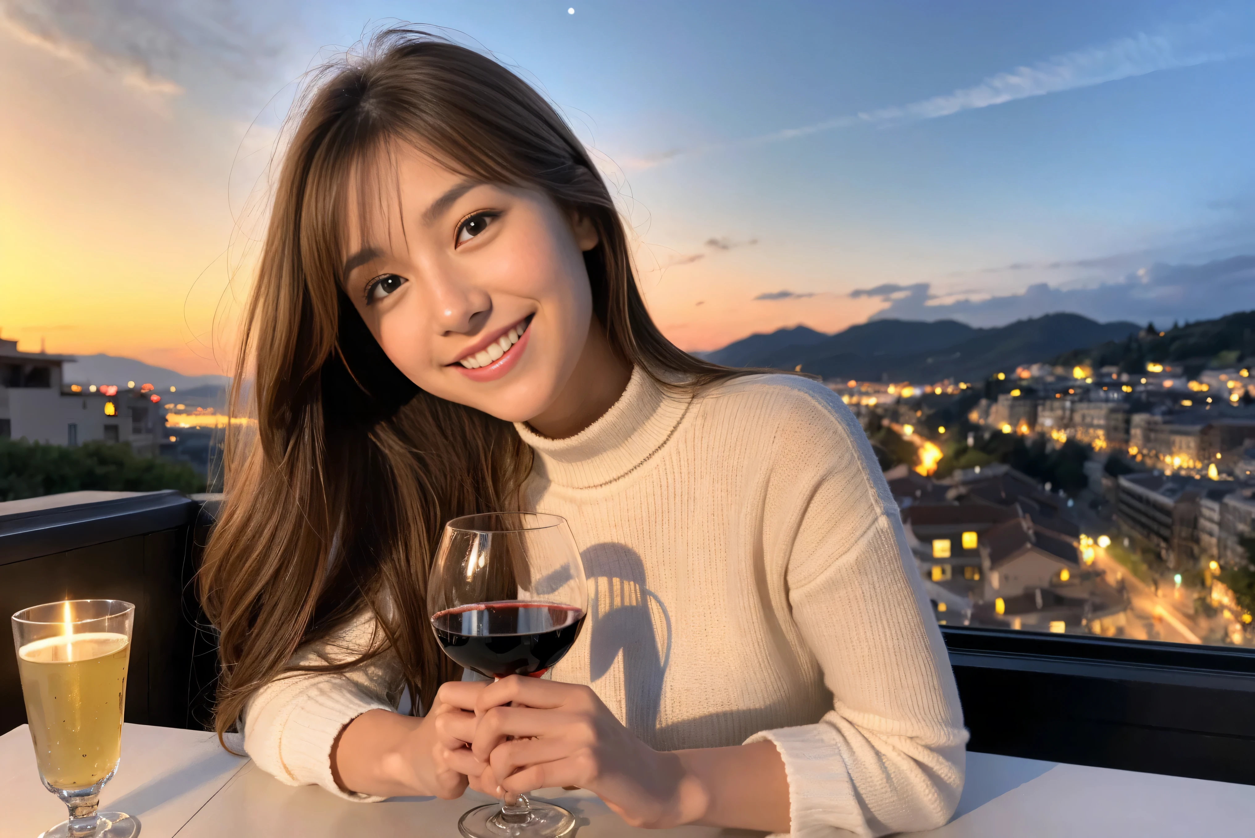 highest quality, ultra high resolution, genuine, photogenuineistic, 8K, break, Super fashion model, Japanese, (full body:1.4), break, Slim body、A bright smile、Slim beauty、highly detailed hair, shiny light brown hair, detailed face, highly detailed eyes, brown eyes, fine skin, (white skin), lip details, (smile, drunk), Natural light,Spectacular view of the sunset sky and clouds、Amazing mountain views、A lovely woman with a smile、The woman's face is bright、fox face、lady、Wine Party、hors d'oeuvre、Italian food、2 beauties、brown hair、shortcut、long sleeve shirt、winter fashion、dress、Japanese、Englishman、Dutch、German、Belgian、Italian、French,wine bottle、hors d'oeuvre、Champagne、sparkling wine、Pretty Woman 1, (slim face), (Because I'm slender), (brown hair), (shortcut), cheeks turn a little red, (40 years old), 38 years old, attractive beauty、, A beautiful and detailed night view spreads out outside the window.........., restaurant, sitting in a wine glass, At night, in a prominent place (from the waist up) nova frog style, actress, model, Upper body, White wine, slim, wine glass, very beautiful night view, wine glass placed in the middle, Smile, (smile: 1.15), beautiful small eyes,