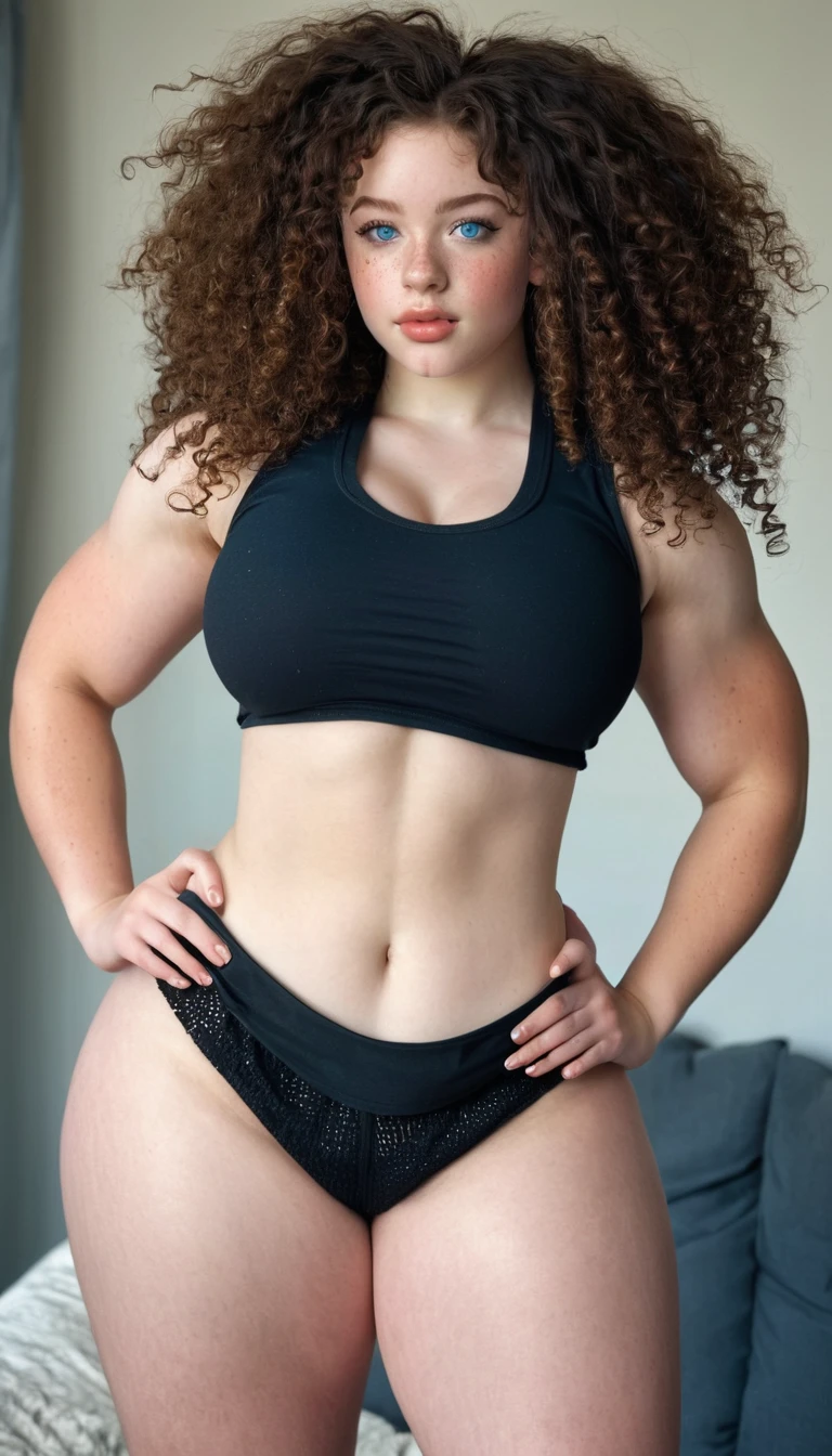 Masterpiece, 16 year old girl biracial very pale skin, very curly afro hair, blue eyes, freckles on face, buxom, curvy, goddess, (gigantic hanging oversized soft heavy breast:1.8), (wide hips), (thin waist), thicc, (juicy ass), muscular, defined abs, toned, ripped, buxom, goddess, thicc, (wearing a black tank top, shorts:1.4), shredded muscles, strong, tall, sexy poses, shredded, glossy lips, thick thighs, (full body in frame)