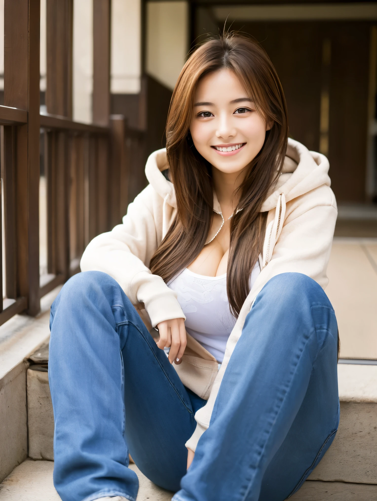 highest quality,best image,Japanese,big breasts,long brown hair,beautiful girl,smile,hoodie,jeans