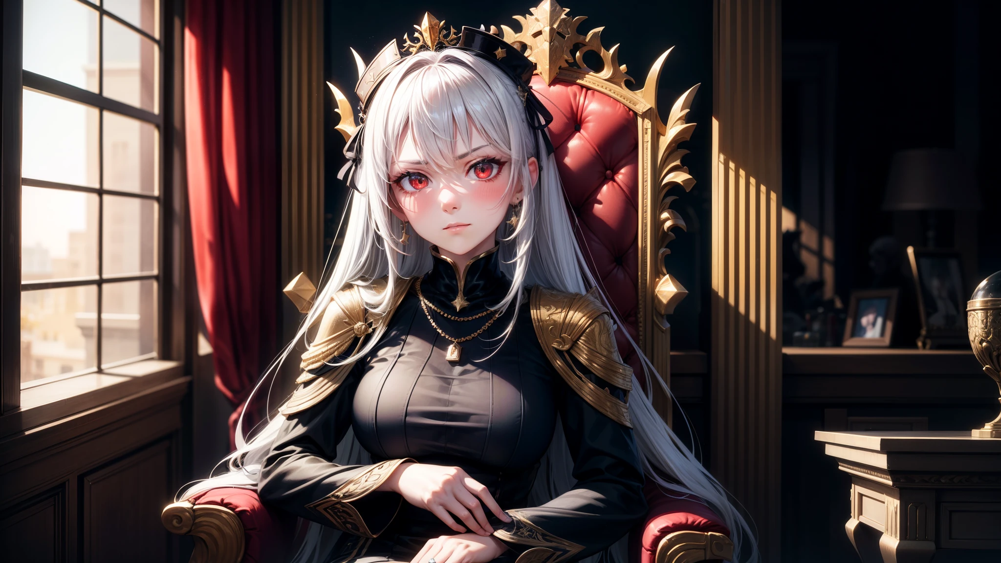 Superb Quality, Masterpiece, High Resolution, 1Girl sitting on a throne, [Red eyes], [White hair], Blush, (Seductive Smile: 0.8), Star Pupil, Hair Accessories, Necklace, Jewelry, Beauty, on_body, Tyndall Effect, Realism, Black throne, , Light Edge, Two-tone Lighting, (High Detail Skin: 1.2), 8K UHD, DSLR, Soft Light, High Quality, Volume Lighting, Candid Photo, High Resolution, 4K, 8K, Background Bokeh, serious expression, villain pose, shiny hair, 