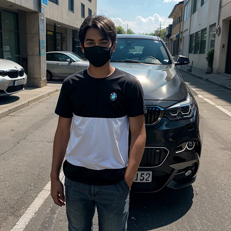 A boy with a mask standing next to a bmw