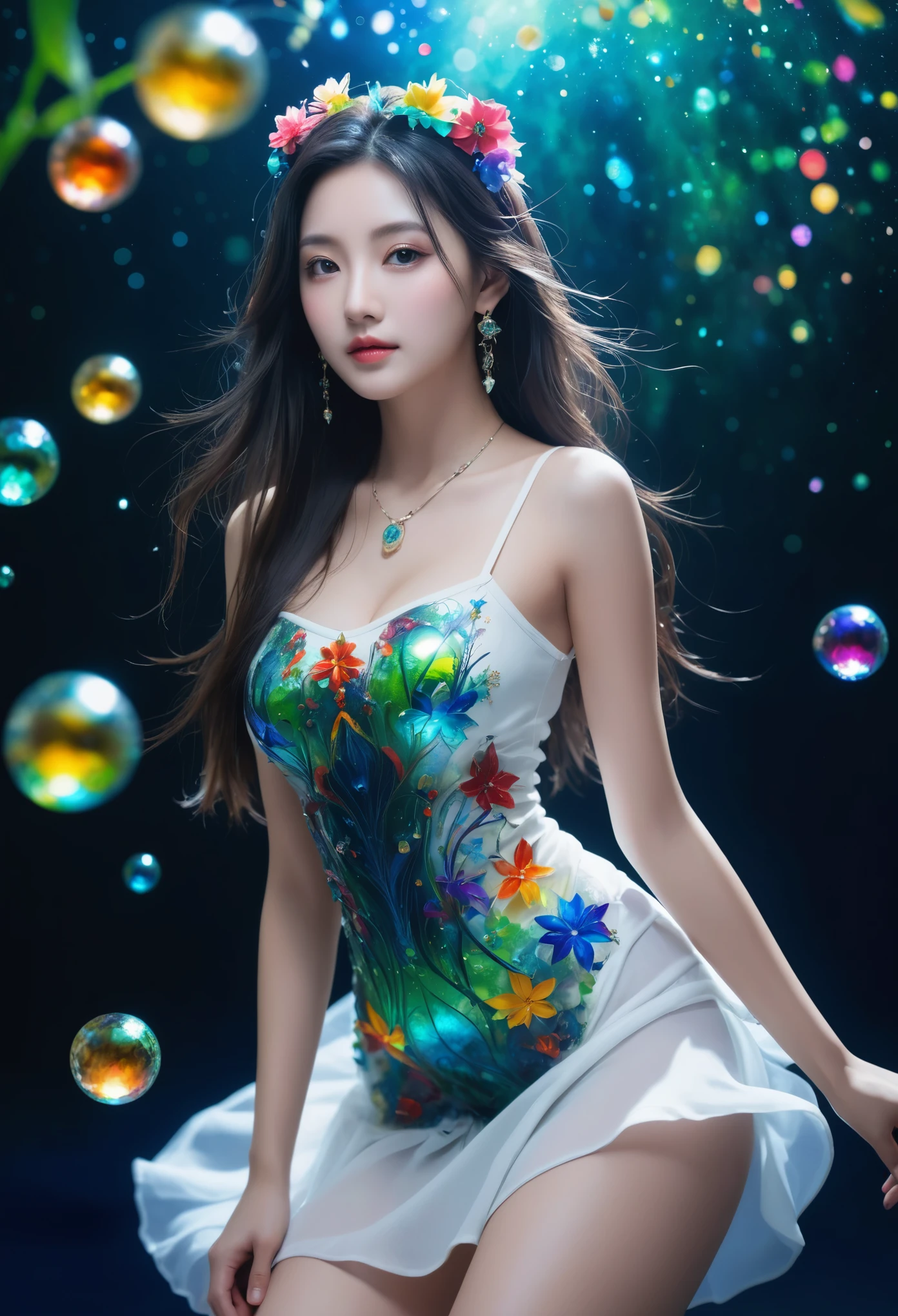 (1girl:1.2),Chinese girls,stars in the eyes,(Short skirt:1.4),(1girl:1.3),Masterpiece,high quality,1girl,extreme detailed,(fractal art:1.3),colorful,highest detailed,(chiffon, body painting:1.2),8k,digital art,macro photo,quantum dots,sharp focus,dark shot,cinematic,Microworld,thigh,(upper thighs shot:1.2),front view,(pure girl:1.1),(white dress:1.1),(full body:0.6),There are many scattered luminous petals,bubble,contour deepening,(white_background:1.1),cinematic angle,underwater,adhesion,green long upper shan,21yo girl,jewelry,earrings,lips,makeup,portrait,eyeshadow,realistic,nose,{{best quality}},{{masterpiece}},{{ultra-detailed}},{illustration},{detailed light},{an extremely delicate and beautiful},a girl,{beautiful detailed eyes},stars in the eyes,messy floating hair,colored inner hair,Starry sky adorns hair,depth of field,large breasts,cleavage,blurry,no humans,traditional media,gem,crystal,still life,Dance,movements,All the Colours of the Rainbow,halo,cable,realistic,smile,nail polish,lips,sitting,very long hair,flower,zj,simple background,shiny,blurry,no humans,depth of field,black background,gem,crystal,realistic,red gemstone,still life,wings,jewels 1girl,Fairyland Collection Dark Fairy Witch Spirit Forest with Magic Ball On Crystal Stone Figurine,hand,thighhighs,jewels,