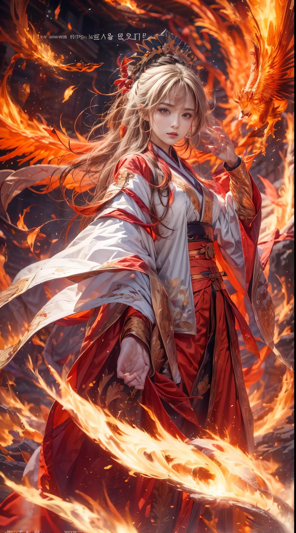 (full body portrait), (close up) ,1 girl,korean girl, 17 years old, Fire mage wearing fiery red clothes(Chinese Hanfu),The robe is embroidered with intricate runes,Decorated with a burning scent。He was tall and strong,Raise your hand,Powerful fire spells are being unleashed, His eyes are firm and sharp,A fire flashed in the flame mage's eyes,(A huge flaming phoenix spreads its wings and flies:1.2),(Phoenix feathers burn with blazing flames), it sparkles,Its body is surrounded by flame feathers,Dancing,Forming a spectacular flame hexagonal star array pattern,Full of mysterious magic,The whole scene is full of fiery aura and passion for fighting,Large fire spells bloom in the air,A brilliant arc of flames and splashing sparks form,(Fire Mage and Phoenix),Look majestic and mysterious in the raging fire,Like the embodiment of fire and magic,Red hair,high detail,Surrealism,realism,((Half-length photo)),(real picture:1.4),(chiaroscuro),movie lighting,Realistic special effects,Render by Octane,Ray tracing,panoramic,perspective,textured skin,Ultra-detailed,ultra high definition,masterpiece,anatomically correct,best quality,high resolution,8K