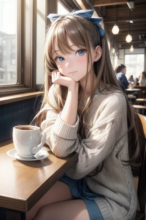 tableトップ, highest quality, 1 girl, alone, light brown long hair, beautiful blue eyes ,window, sitting, indoors, table, sleeves go above the wrist, Cafe, Coffee cup,hair ribbon, headrest, closed mouth, blue sweater, Upper body