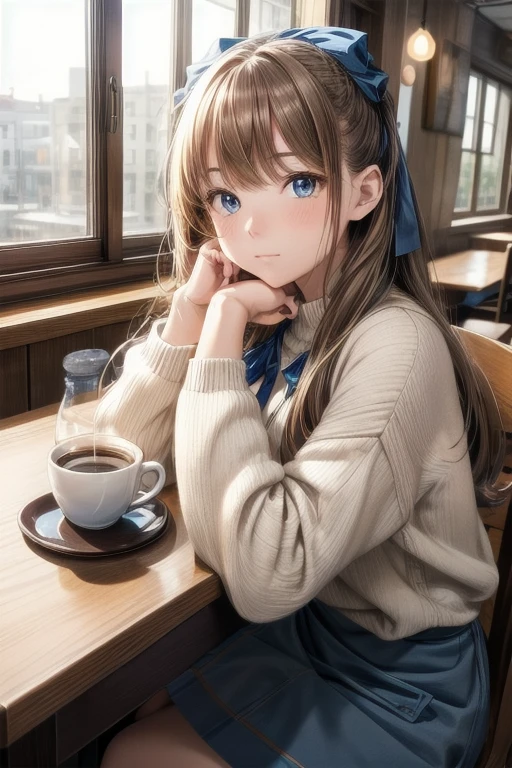 tableトップ, highest quality, 1 girl, alone, light brown long hair, beautiful blue eyes ,window, sitting, indoors, table, sleeves go above the wrist, Cafe, Coffee cup,hair ribbon, headrest, closed mouth, blue sweater, Upper body
