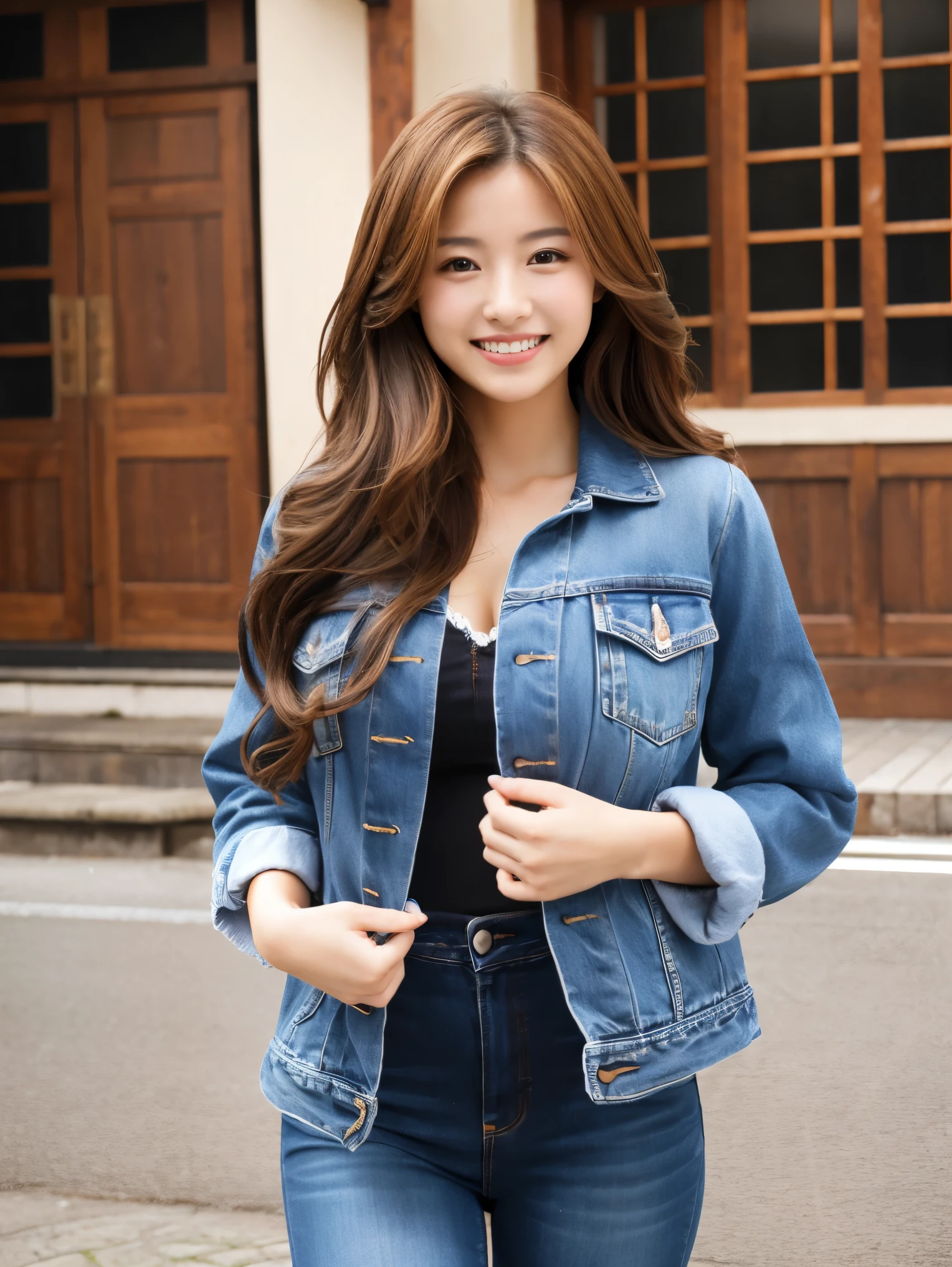 highest quality,best image,Japanese,big breasts,long brown hair,beautiful girl,smile,Jacket,jeans