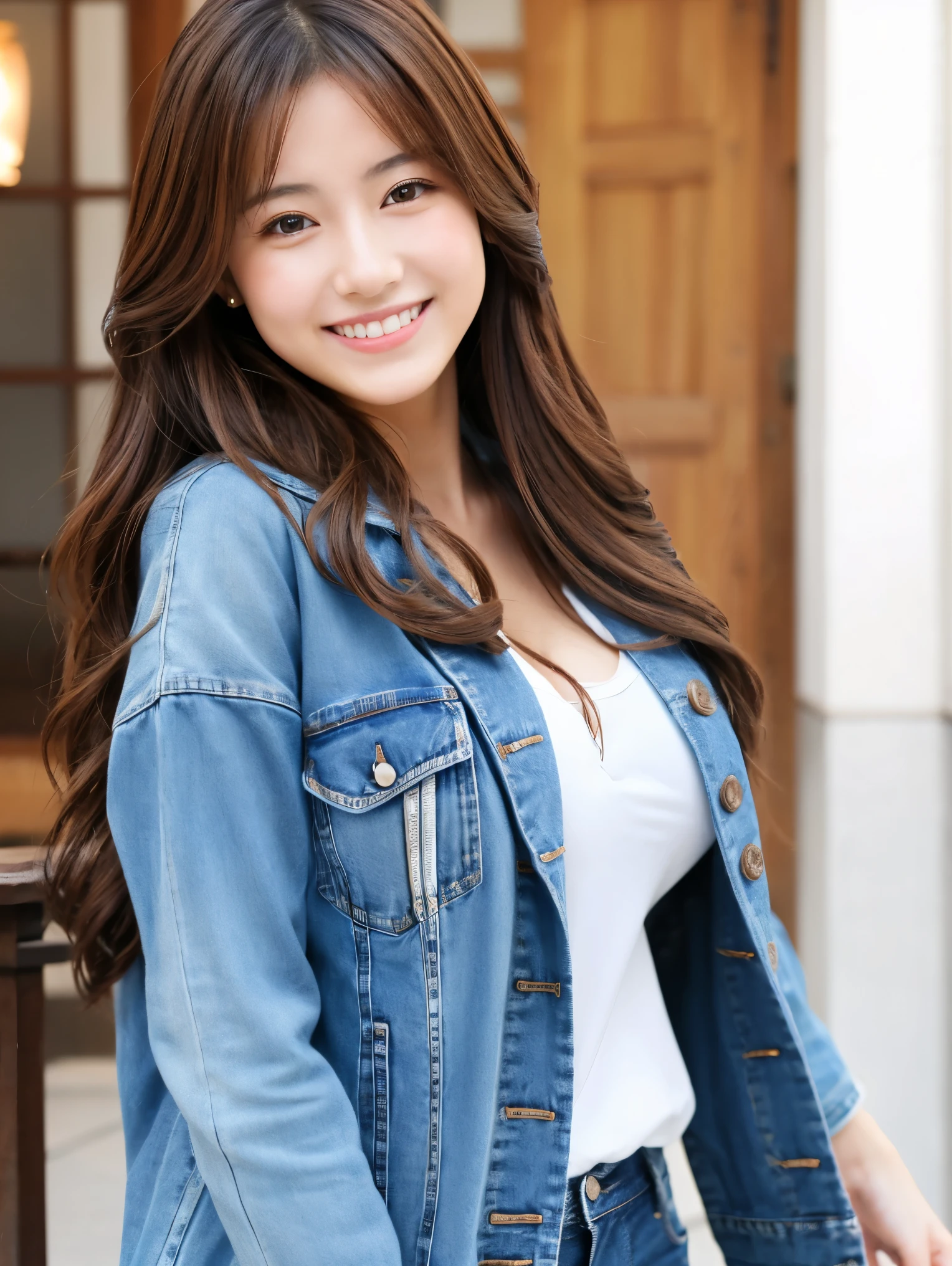 highest quality,best image,Japanese,big breasts,long brown hair,beautiful girl,smile,Jacket,jeans