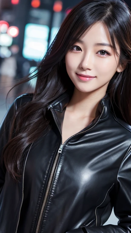 japanese girl, 20-year-old, dark makeup, detailed face, long hair, black hair, beautiful eyes, realistic, close up face, smile, sexy pose, (Down jacket), leather pants, long sleeve, 8K, cinematic, sexy girl, Tokyo Station