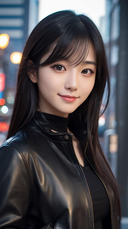 japanese girl, 20-year-old, dark makeup, detailed face, long hair, black hair, beautiful eyes, realistic, close up face, smile, sexy pose, (Down jacket), leather pants, long sleeve, 8K, cinematic, sexy girl, Tokyo Station