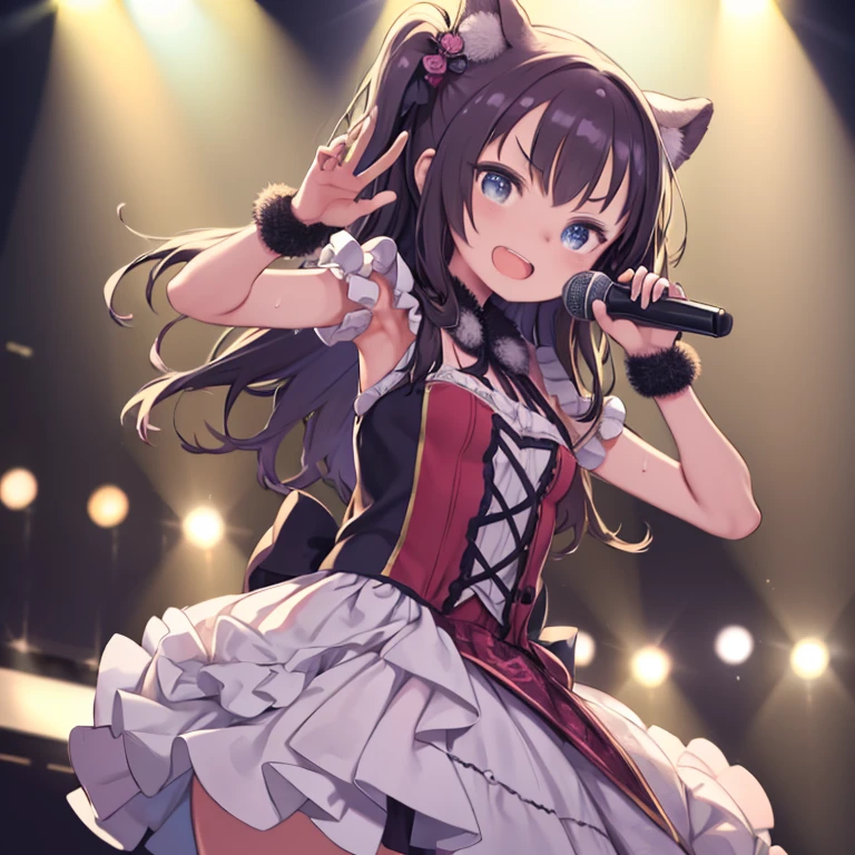 masterpiece, highest quality、Medium wide shot、cowboy shot、1. A girl with beautiful eyes、Idol、singer、girl、singing on stage、have a microphone、Vibrant、Laughing with open mouth、colorful spotlight、Decisive pose、((close one eye))、Sweat、V-shaped eyebrows、put your hand forward、Floundering costumes、
