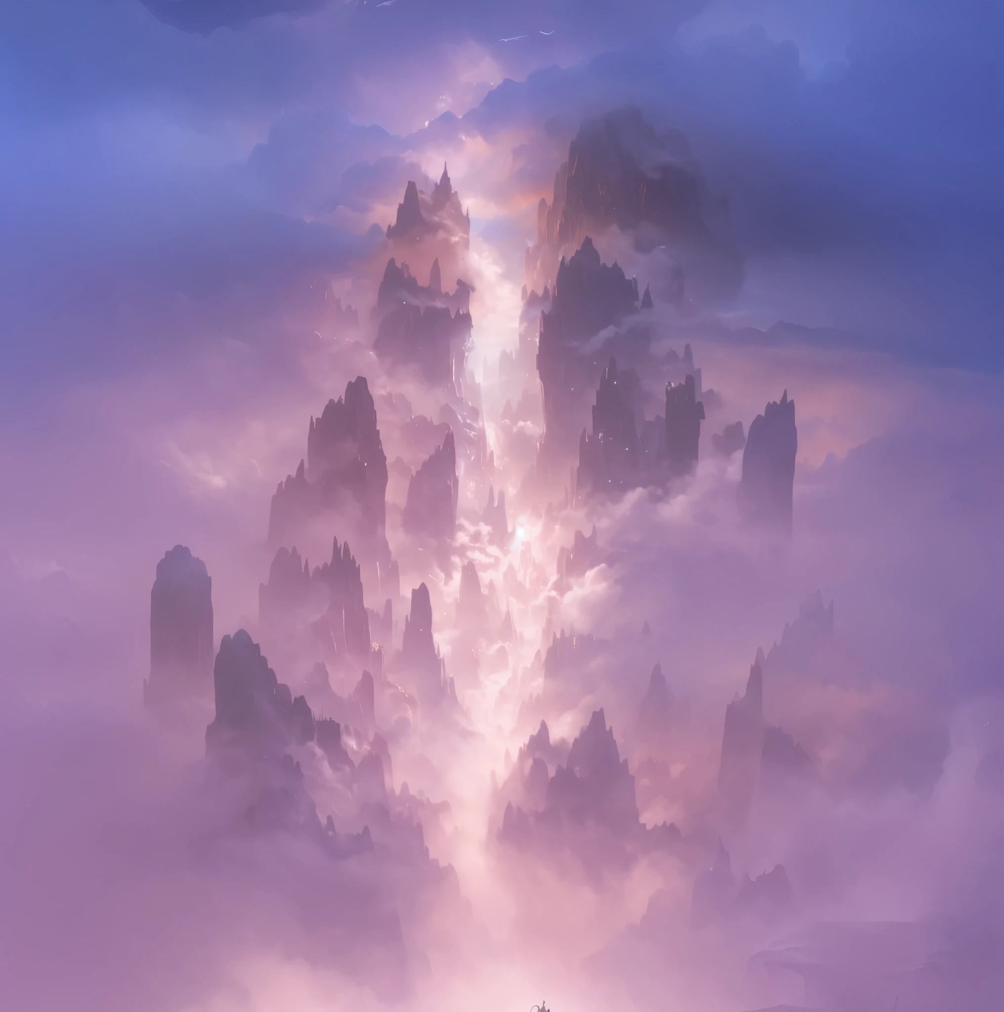 there is a painting of a man riding a horse in the clouds, concept art magical highlight, floating lands in-clouds, ross tran. scenic background, matte painting arcane dota pixar, epic dreamlike fantasy landscape, high fantasy landscape, cloud palace, silvain sarrailh, concept art stunning atmosphere, floating mountains, glowing fog intricate, impressive fantasy landscape, ceremonial clouds