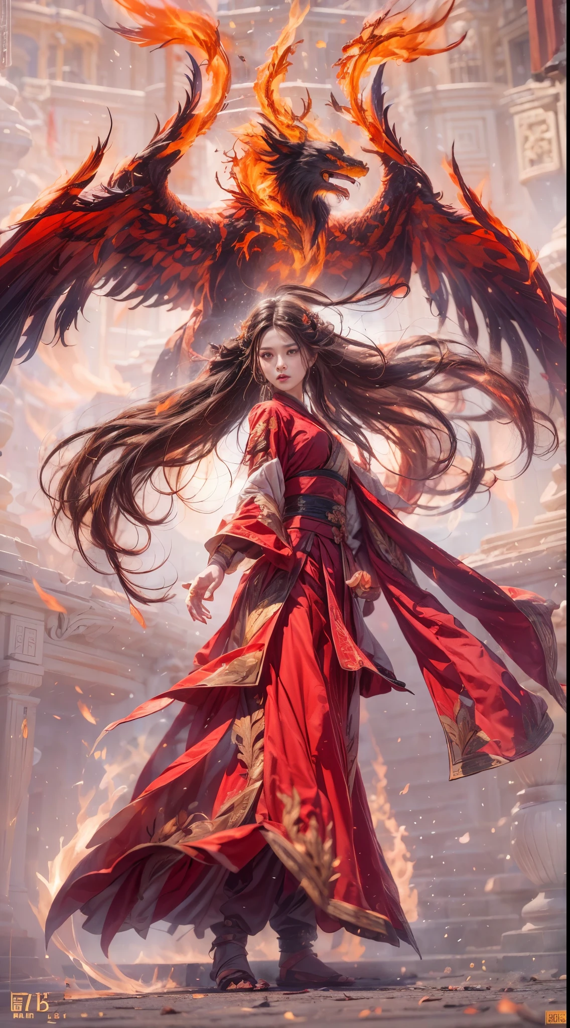 (full body portrait), (close up) ,1 girl，korean girl, 17 years old, Fire mage wearing fiery red clothes（Chinese Hanfu），The robe is embroidered with intricate runes，Decorated with a burning scent。He was tall and strong，Raise your hand，Powerful fire spells are being unleashed, His eyes are firm and sharp，A fire flashed in the flame mage&#39;s eyes，（A huge flaming phoenix spreads its wings and flies：1.2),（Phoenix feathers burn with blazing flames), it sparkles，Its body is surrounded by flame feathers，Dancing，Forming a spectacular flame hexagonal star array pattern，Full of mysterious magic，The whole scene is full of fiery aura and passion for fighting，Large fire spells bloom in the air，A brilliant arc of flames and splashing sparks form，（Fire Mage and Phoenix），Look majestic and mysterious in the raging fire，Like the embodiment of fire and magic，Red hair，high detail，Surrealism，realism，（（Half-length photo）），（real picture：1.4），（chiaroscuro），movie lighting，Realistic special effects，Render by Octane，Ray tracing，panoramic，perspective，textured skin，Ultra-detailed，ultra high definition，masterpiece，anatomically correct，best quality，high resolution，8K