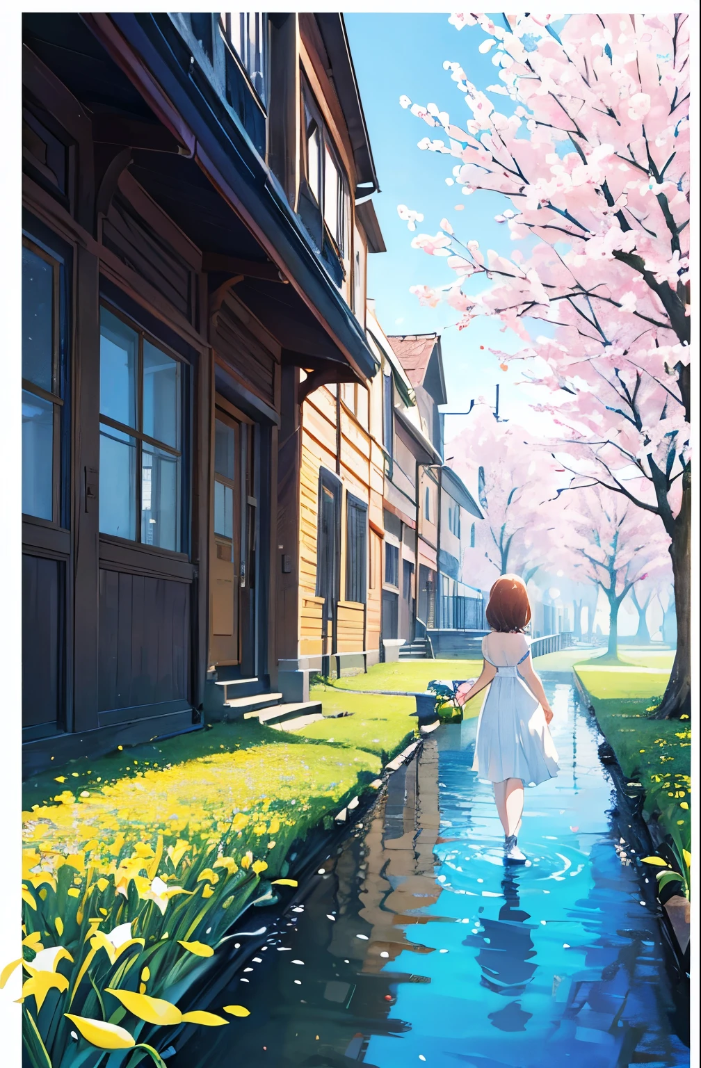 full of spring，Full of life，Spring view，Small figure back，Two-dimensional poster