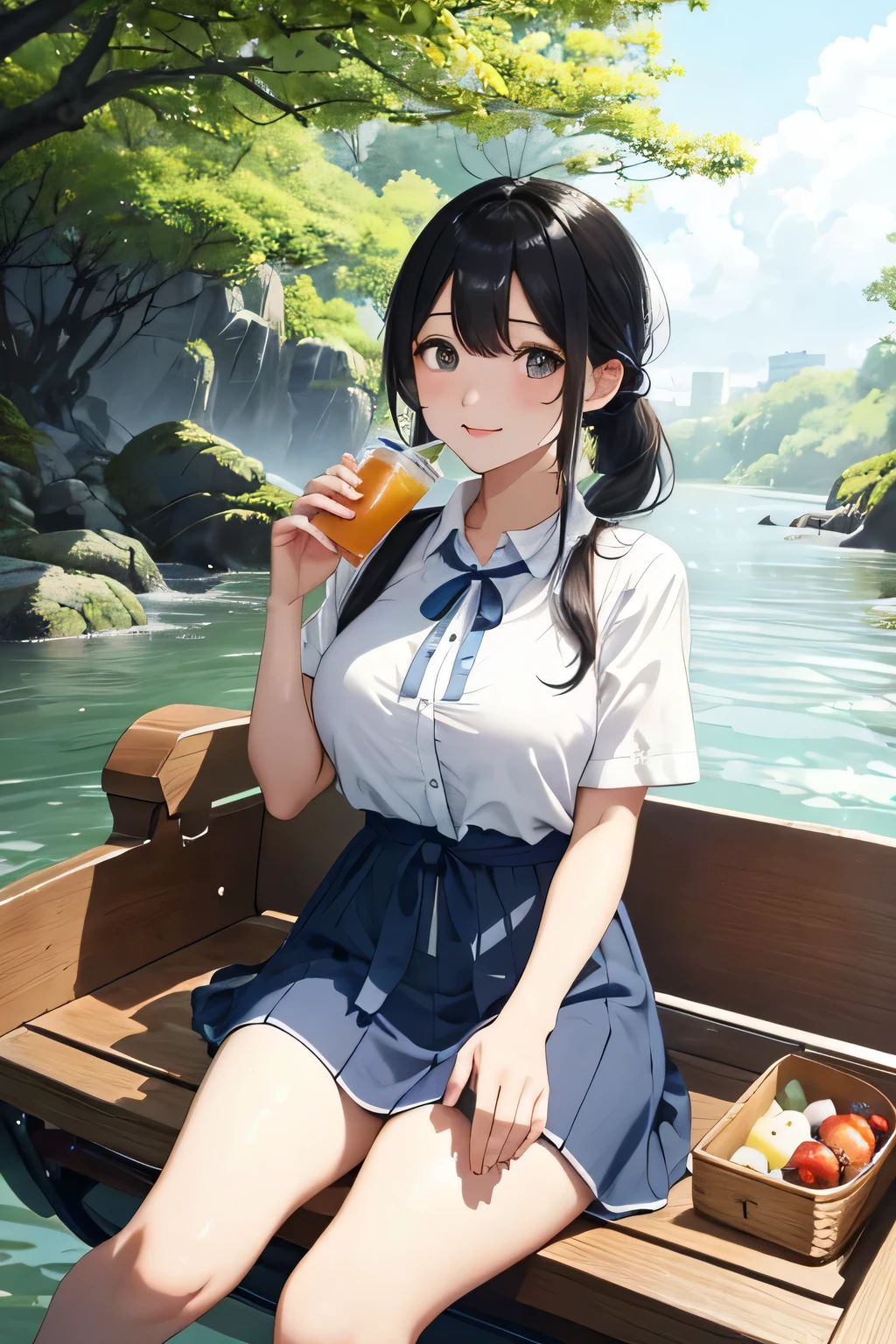 ((highest quality:1.4))、((High resolution))、(detailed background)、((detailed beautiful face:1.4))、(anatomically correct)、(detailed facial expressions)、beautiful and smooth skin、beautiful age girl、two beautiful girls、(huge breasts:1.2)、cute hair color、braided bob、braided ponytail、realistic、perfect body line、cute、cowboy shot、Calm atmosphere、I don't mind if my clothes get wet and become see-through、
((Two beautiful girls watching the sunset reflected on the river while rowing a canoe:1.5))、
The two of them are seen canoeing against the backdrop of a beautiful sunset.、
Two people holding hands while paddling a canoe in the gentle current、
relaxed atmosphere、They intentionally splash water on each other while paddling a canoe.、
They are smiling, splashing with water, and having fun joking with each other.、
Pack a canoe with food and drinks and have a picnic on the riverbank、
We exchange lunch boxes and spend relaxing time eating together.、
Kissing in the beautiful scenery of nature during a canoe tour、Romantic and cute、
With the sound of the river flowing and the wind in the background、
This sarong-style dress with a retro print is the perfect outfit for a canoe tour.、Add a ribbon or belt to your waist for a more feminine look.、
A loose-fitting shirt dress is perfect for a canoe tour.、
Open the buttons and put it on to enjoy a relaxed atmosphere.、
A look that combines a striped shirt with a denim skirt、Choose comfortable shoes such as sneakers or sandals。
Pair it with a cute cap or sunglasses to make it even more stylish.、
If you choose accessories with UV protection, you can protect yourself from the sun.、cute