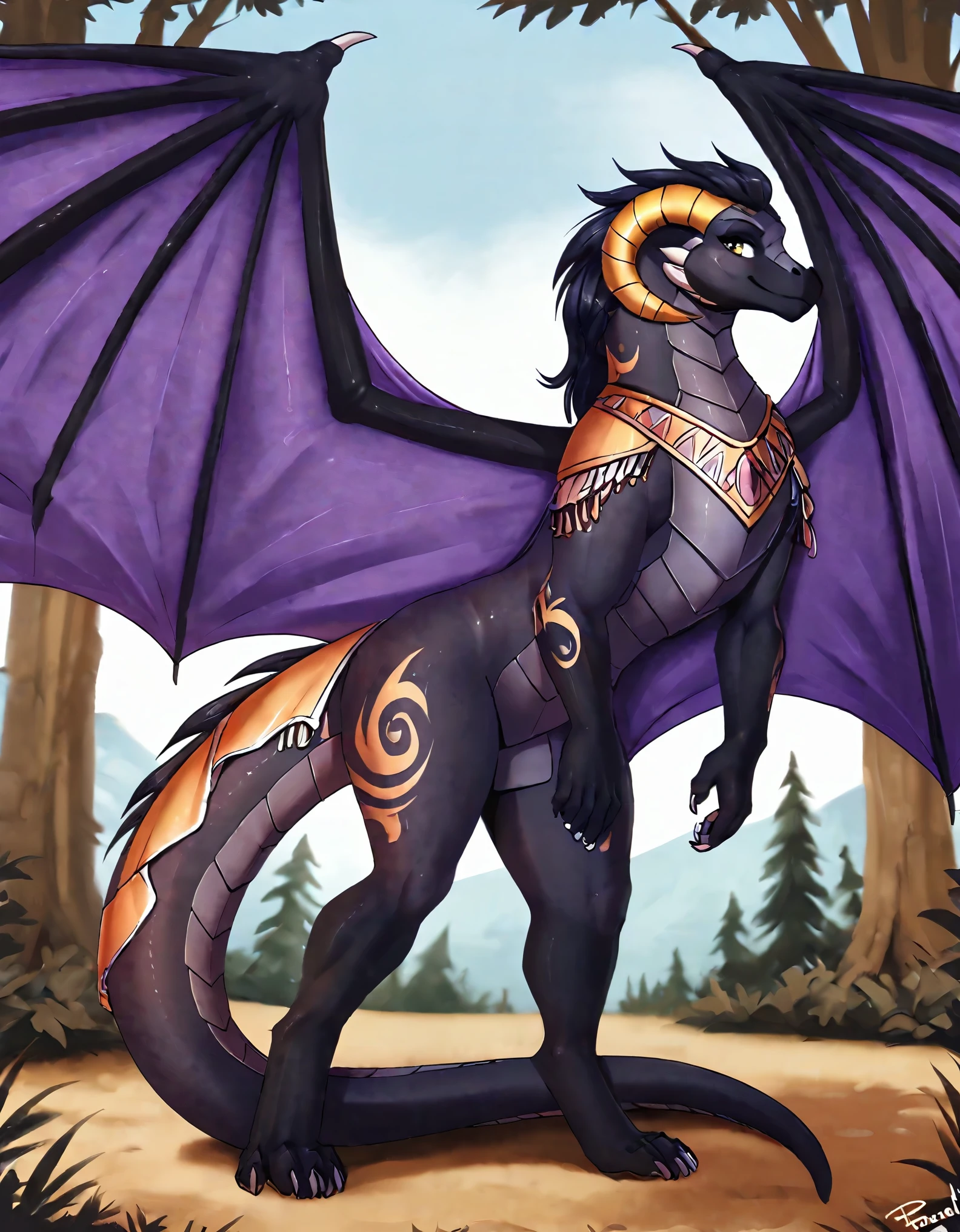 solo, tkdragonreni,, madam_reni_(twokinds), twokinds, by personalami, by tom_fischbach, (best quality, masterpiece:1), dragon, (feral:1.2),( wings, membrane \(anatomy\), membranous wings:1.3) , black skin, western dragon, furry famale anthro, female, adult, looking at viewer, tail, night (outdoors dark forest trees blurry blurred background:1.1), black mane, golden horns, curled_horn, scalie