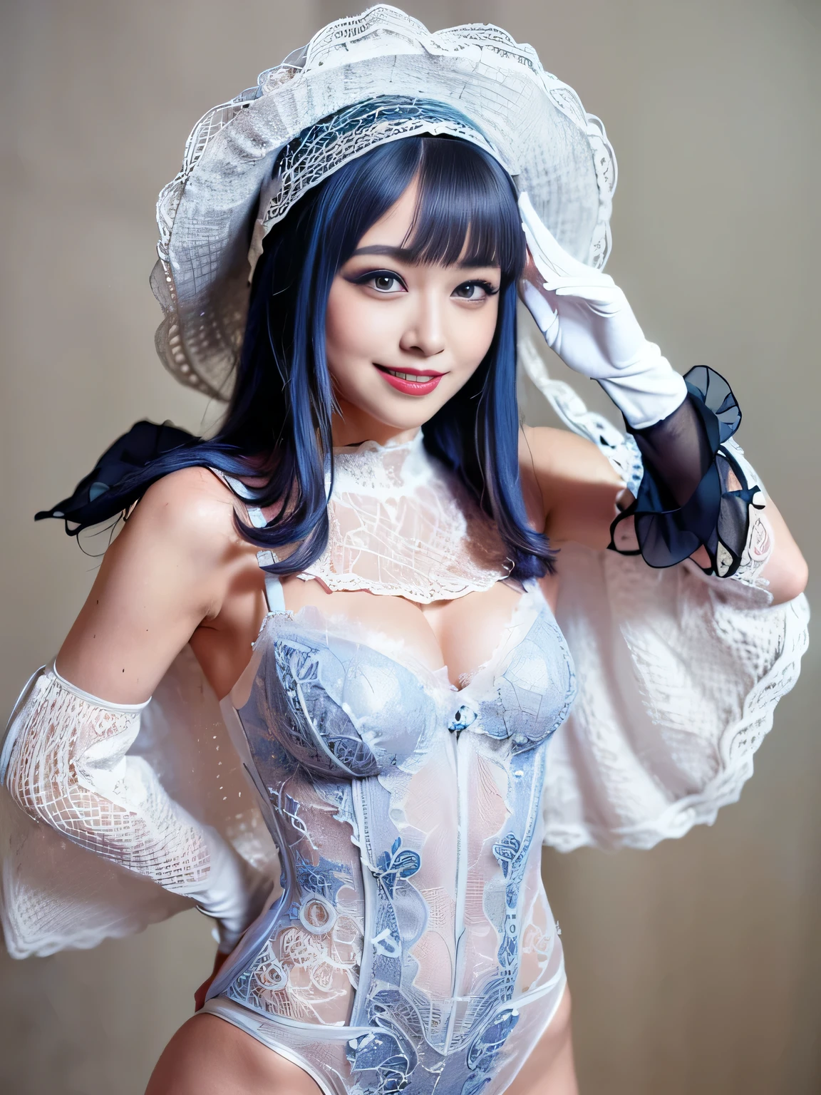 (realistic:2),(masterpiece:2), (highest quality:2),(High-definition face drawing:1.3),(everything is beautiful and perfectly balanced), ((Smile of a very happy age girl:1.2),(thank you for the wonderful world:1.2):1.2), (dynamic pose:1.2), (looking at viewer:1.2), (blue eyes:1.3), (multicolored hair:1.2), (garden:1.2), (colorful flowers:1.2), gal.safetensors, (leotard wedding dress:1.2), ((Headdress made of delicate lace),(A large hat made of delicate lace),(A cloak made of delicate lace),(Long gloves made of delicate lace),(Mini dress made of delicate lace),(One-piece underwear made of delicate lace):1.2)