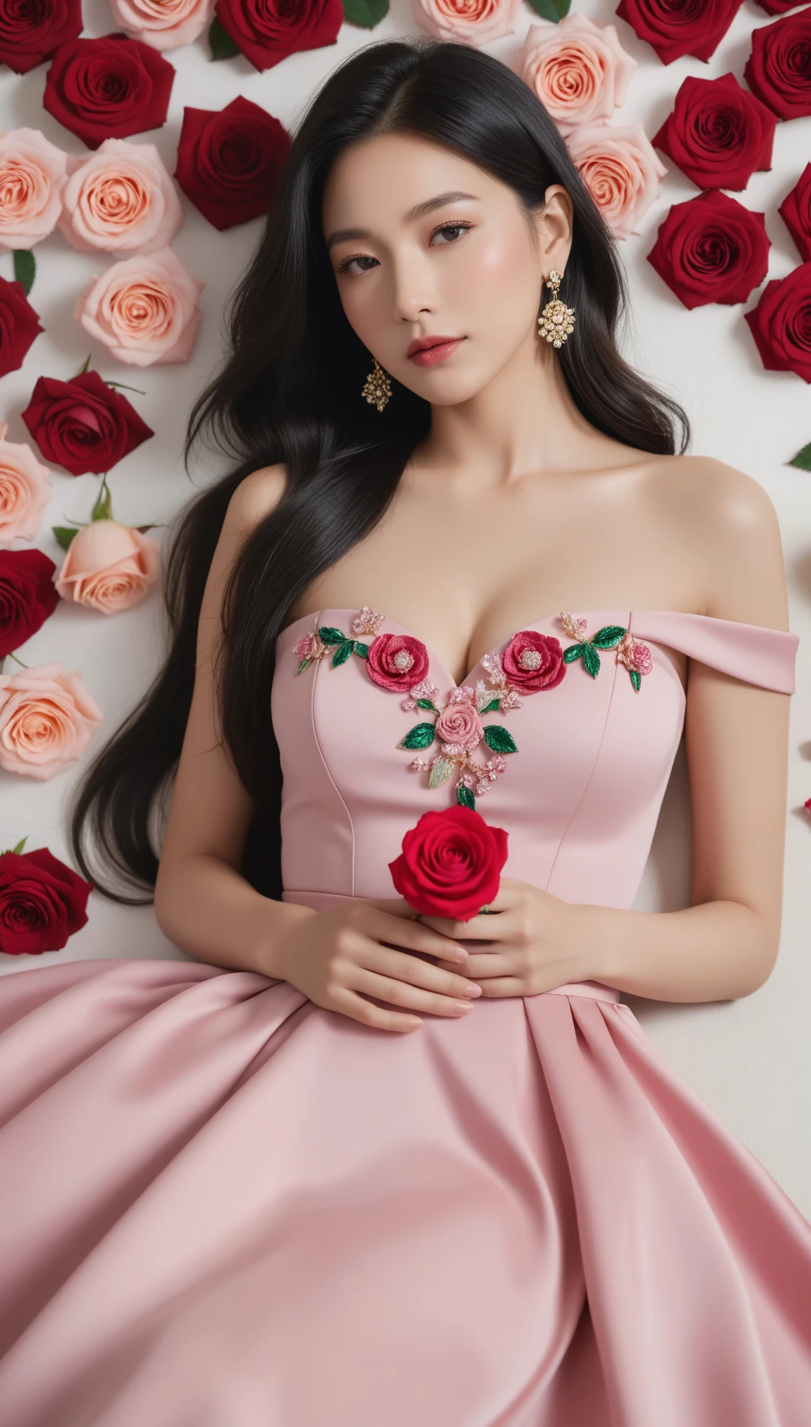 Canon RF85mm f/1.2, masterpiece,best quality,ultra highres,1 girl,lying,flower,off-shoulders dress,long hair,red dress,hand on own stomach,black hair,jewelry,earrings,colorful flower,rose,pink rose,on back,lips,breasts,eyelashes,collarbone