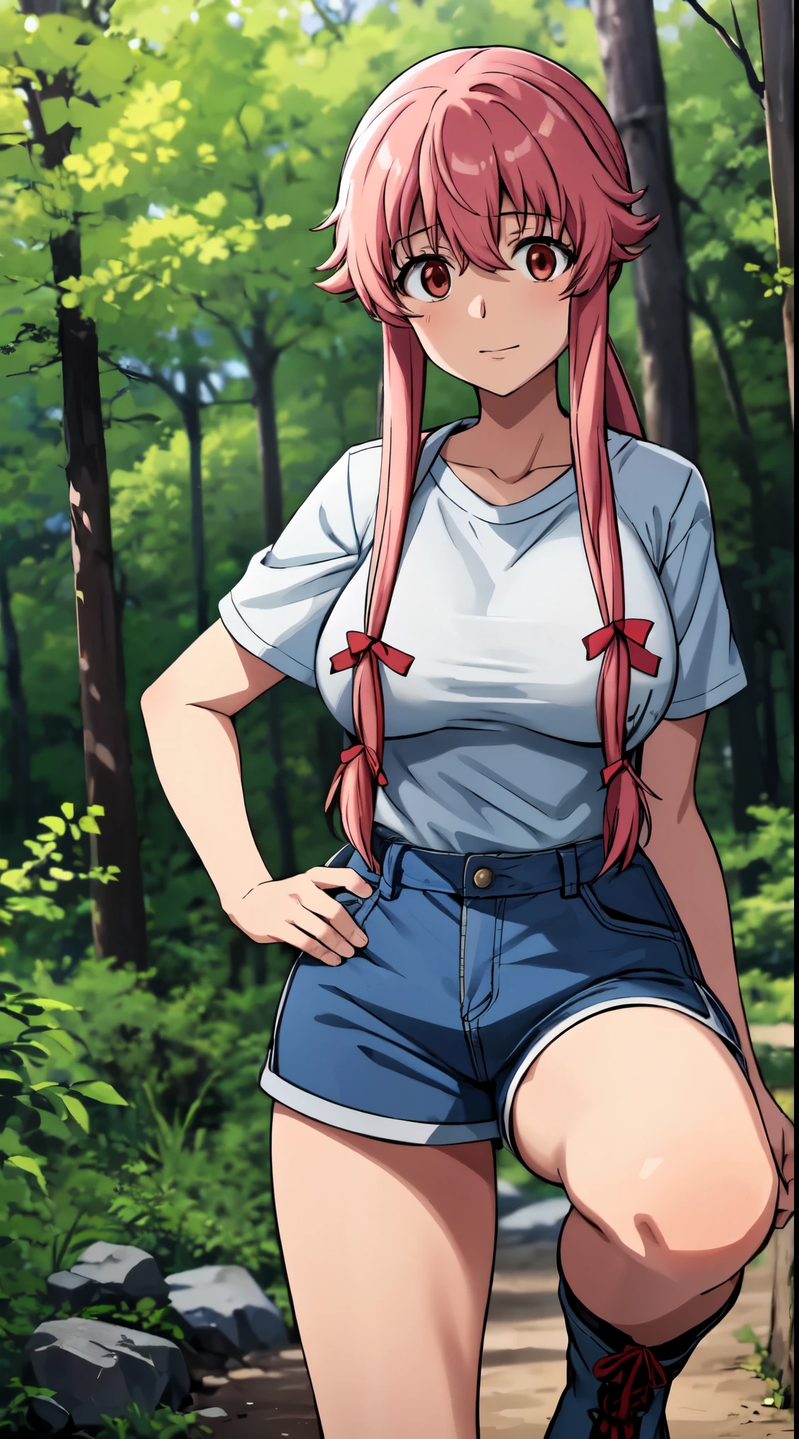 This scene captures Yuno Gasai hiking through the woods on a clear summer day, showcasing her adventurous spirit and love for nature. Dressed in hiking boots, shorts, and a t-shirt, she navigates a winding dirt path bordered by majestic pine trees. The peaceful and scenic setting suggests a moment of solitude and tranquility for Yuno as she immerses herself in the beauty of the natural world. (large breasts:1.1), red eyes, happy,