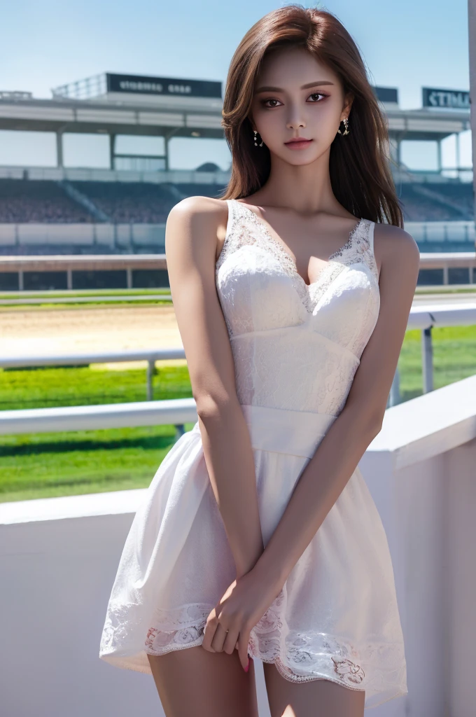 Tzuyu 1, woman, (realistic), (hyper realism), (photorealistic), Depth of the bounds written, eye make up:0.7 (whole body:1.2), (tight waist), looking at the viewer,at the racing track, lace queen, Sexy dress with open shoulders and chest