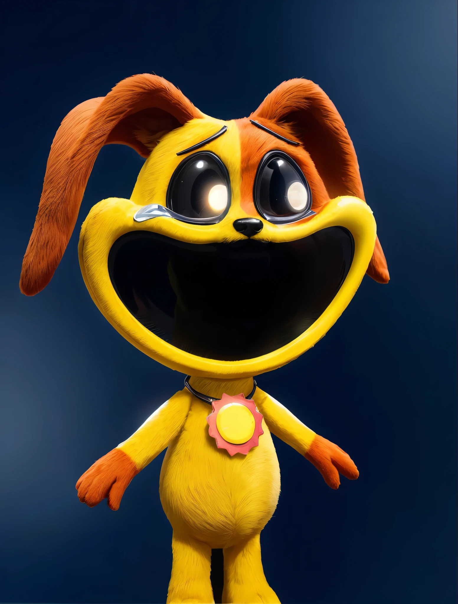A yellow toy fuffy dog with a red collar and tag, it has a sad look on its face. It has big eyes and a round nose. The background is black. Dog is crying with tears, orange fur, furry character portrait, purple metal ears, cosplay photo, furry texture, smooth 3d model, toy, multiple light sources, rim light, sharp post effects render, (fur texture with multiple big light probe refractions), perfect cgi, smooth silhouette, high intensity refraction, (super furry material), most beautiful vfx, dark background, fur, realistic, 4k, high resolution, rim light, photo shoot, commercial photo, profile shot, 4k, rim light, high resolution, 4k, texture, smooth 3d model, multiple light sources, rim light, sharp post effects render, cgi art created only with gradients, smooth silhouette, high intensity refraction,  most beautiful vfx, rim light, sharp post effects render, perfect cgi, digital art, detailed digital art, reflective, best quality, 4k, masterpiece:1.2, ultra-detailed, realistic, vivid colors, dark and moody lighting, The image of the highest quality, ensuring every detail showcased perfectly. It in 4k resolution, allowing viewers to immerse themselves in the richness of the colors and intricate details. The realistic rendering. under the spotlight, reflecting, high-resolution image, realistic rendering, dark background, and rim light photorealistic
