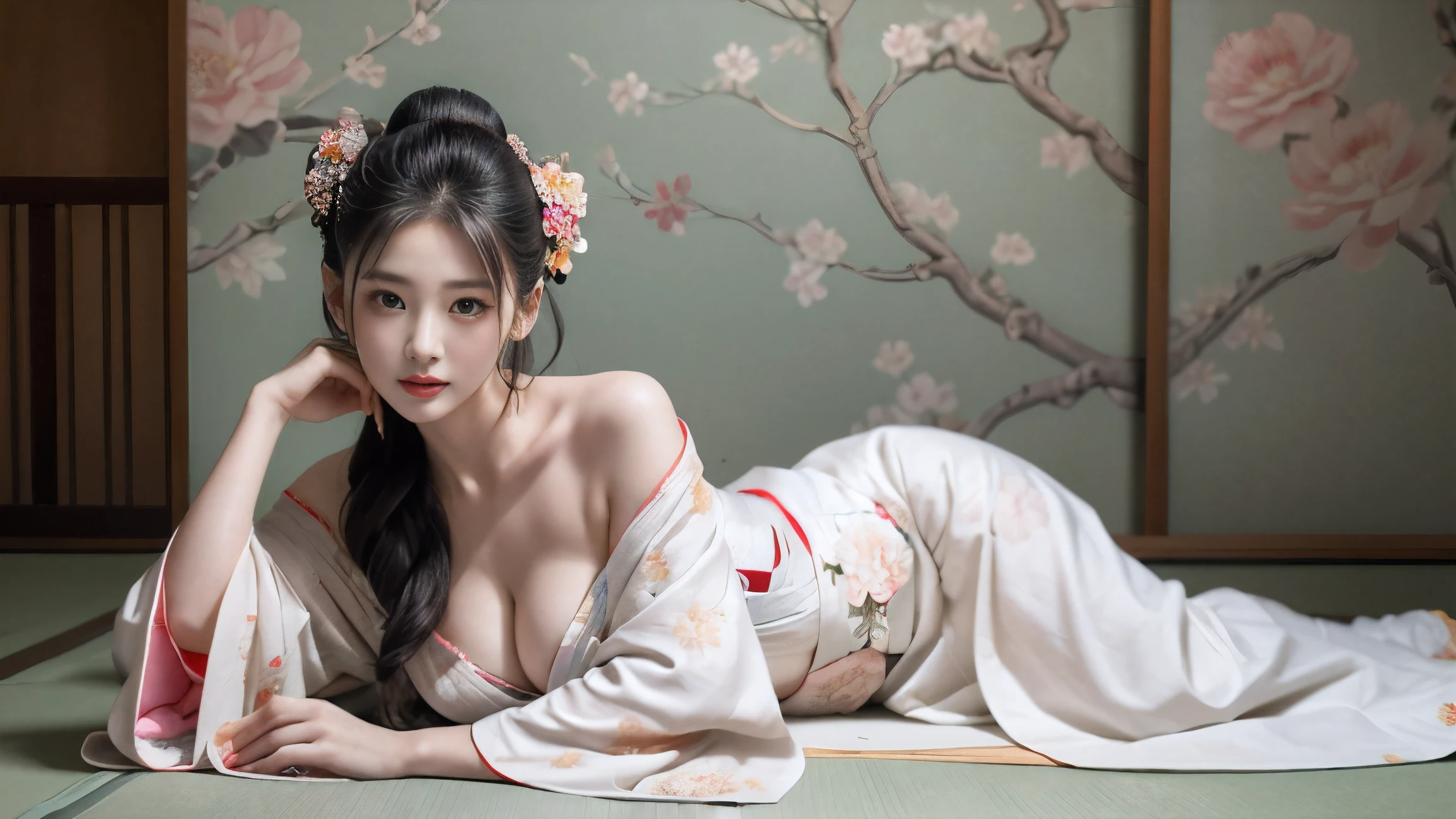 1 plump girl, Extremely beautiful, extremely cute, amazing face and eyes, (big and round eyes:1.15), The expression is calm, (extremely detailed beautiful face), (Courtesan style beautiful and cute floral kimono:1.5), (exposed bare shoulders), (Large breasts:1.2), (Best quality:1.4), (ultra - detailed), (hyper realisitc, realistically:1.37), Beautiful white skin, extremely detaild的 CG unified 8k wallpapers, RAW photos, professional photoshooting, movie lighting, sitted, spread their legs, (groin, Private section:1.2), (Pubic hair is sparse:0.8), Staring at me, (Beautiful floral wallpaper), Bedrooms, futon, pillow head, Bedroom lights dim, candle lighting, Peaceful atmosphere, (Courtesan style:1.3),