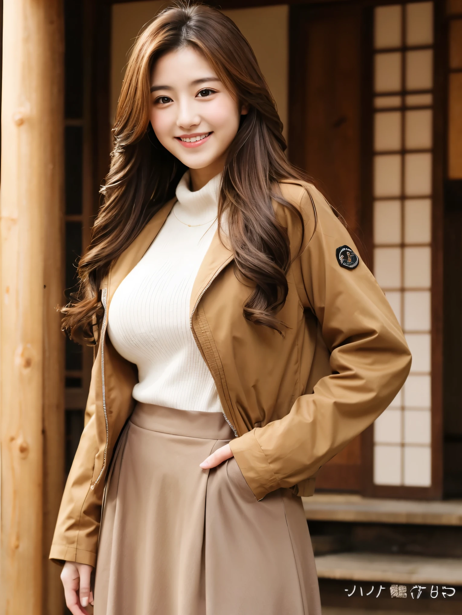 highest quality,best image,Japanese,big breasts,long brown hair,beautiful girl,smile,Jacket,long skirt