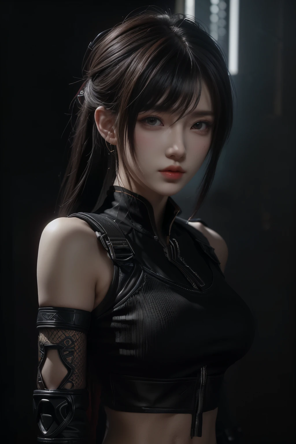 tmasterpiece,Best quality,A high resolution,8K,(Portrait photograph:1.5),(ROriginal photo),real photograph,digital photography,(Combination of cyberpunk and fantasy style),(Female soldier),20 year old girl,random hair style,By bangs,(Red eyeigchest, accessories,Redlip,(He frowned,Sneer),(Cyberpunk combined with fantasy style clothing,Openwork design,joint armor,police uniforms,Combat Assassin Costume,),exposing your navel,Photo pose,Realisticstyle,Thunder and lightning on rainy day,(Thunder magic),oc render reflection texture