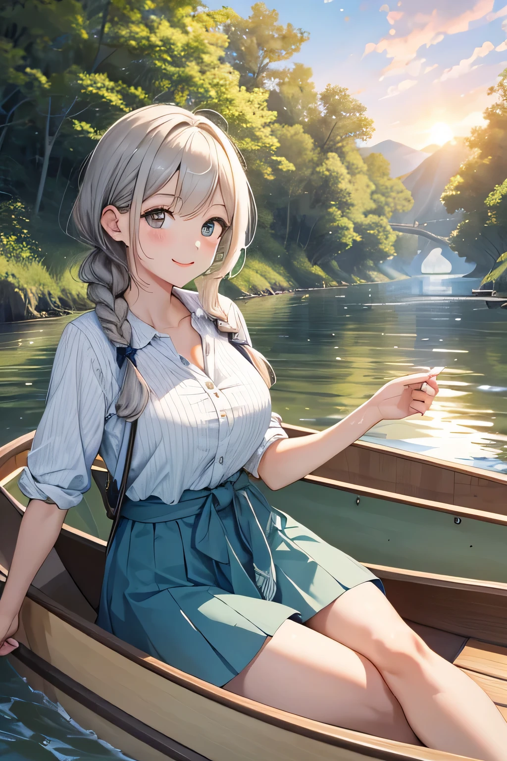 ((highest quality:1.4))、((High resolution))、(detailed background)、((detailed beautiful face:1.4))、(anatomically correct)、(detailed facial expressions)、beautiful and smooth skin、beautiful teenage girl、two beautiful girls、(huge breasts:1.2)、cute hair color、braided bob、braided ponytail、realistic、perfect body line、cute、cowboy shot、Calm atmosphere、Even though her clothes are wet and transparent, she doesn&#39;t seem to mind and is laughing happily.、

Two beautiful girls watching the sunset reflected on the river while rowing a canoe、
The two of them are seen canoeing against the backdrop of a beautiful sunset.、
Two people holding hands while paddling a canoe in the gentle current、
relaxed atmosphere、They intentionally splash water on each other while paddling a canoe.、
They are smiling, splashing with water, and having fun joking with each other.、
Pack a canoe with food and drinks and have a picnic on the riverbank、
We exchange lunch boxes and spend relaxing time eating together.、
Kissing in the beautiful scenery of nature during a canoe tour、Romantic and cute、
With the sound of the river flowing and the wind in the background、

This sarong-style dress with a retro print is the perfect outfit for a canoe tour.、Add a ribbon or belt to your waist for a more feminine look.、
A loose-fitting shirt dress is perfect for a canoe tour.、
Open the buttons and put it on to enjoy a relaxed atmosphere.、
A look that combines a striped shirt with a denim skirt、Choose comfortable shoes such as sneakers or sandals。
Pair it with a cute cap or sunglasses to make it even more stylish.、
If you choose accessories with UV protection, you can protect yourself from the sun.、cute